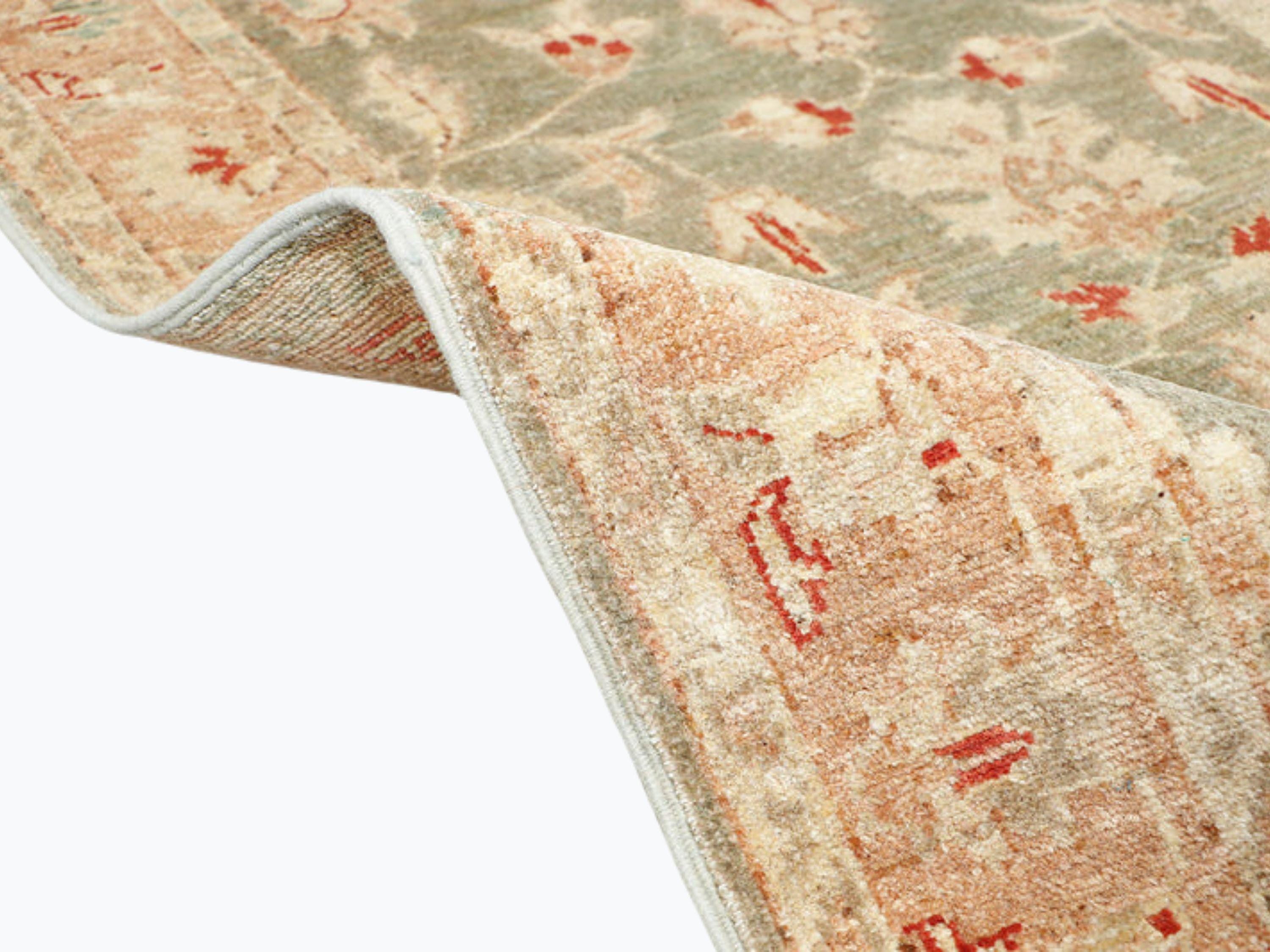 2.6x10.6 Olive Green Ziegler Runner Rug, Persian Style Floral Wool Carpet, Hand Knotted Corridor Living Room Decor