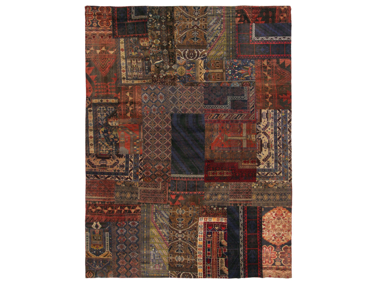 9x12 Afghan Patchwork Rug, Multicolor Mosaic Wool Carpet, Handmade Boho Tribal Living Room Decor