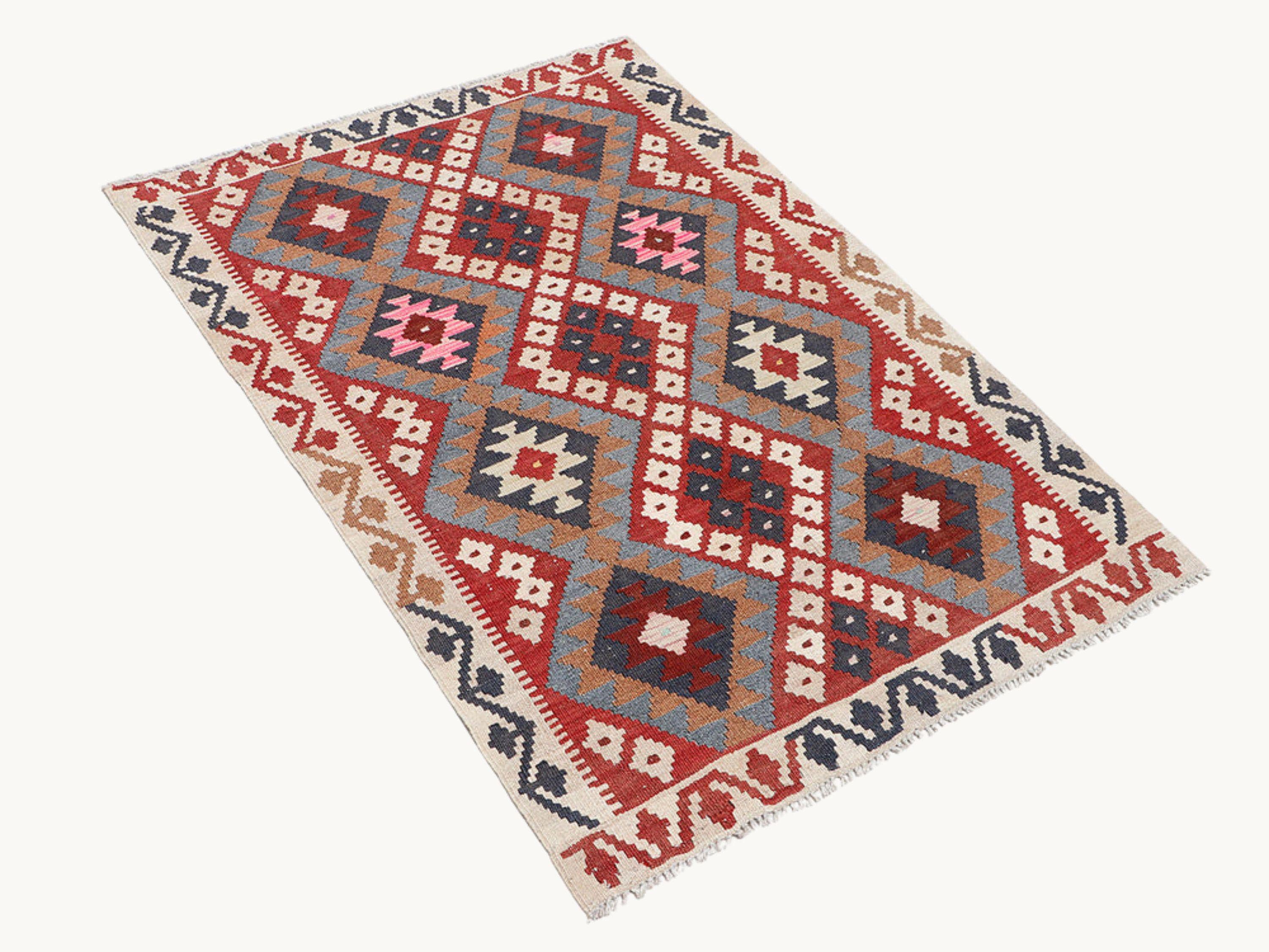 3x5 Pink Red Kilim Rug, Slate Blue Rust Afghan Wool Flatweave Area Rug, Handwoven Veggie Dye Tribal Diamond Bedroom Decor