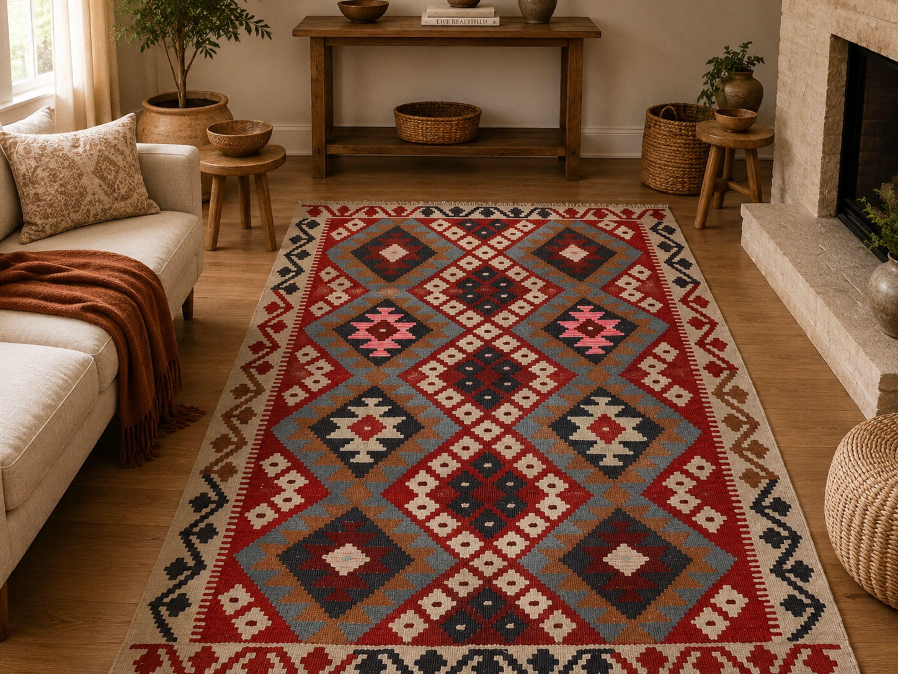 3x5 Pink Red Kilim Rug, Slate Blue Rust Afghan Wool Flatweave Area Rug, Handwoven Veggie Dye Tribal Diamond Bedroom Decor