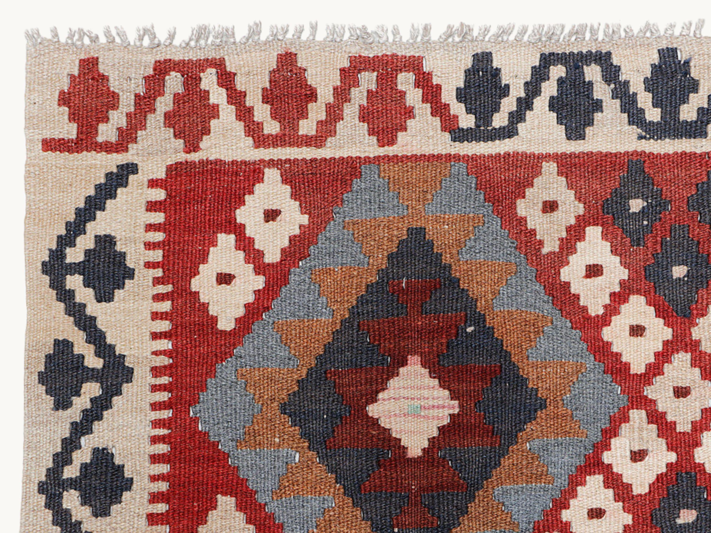 3x5 Pink Red Kilim Rug, Slate Blue Rust Afghan Wool Flatweave Area Rug, Handwoven Veggie Dye Tribal Diamond Bedroom Decor