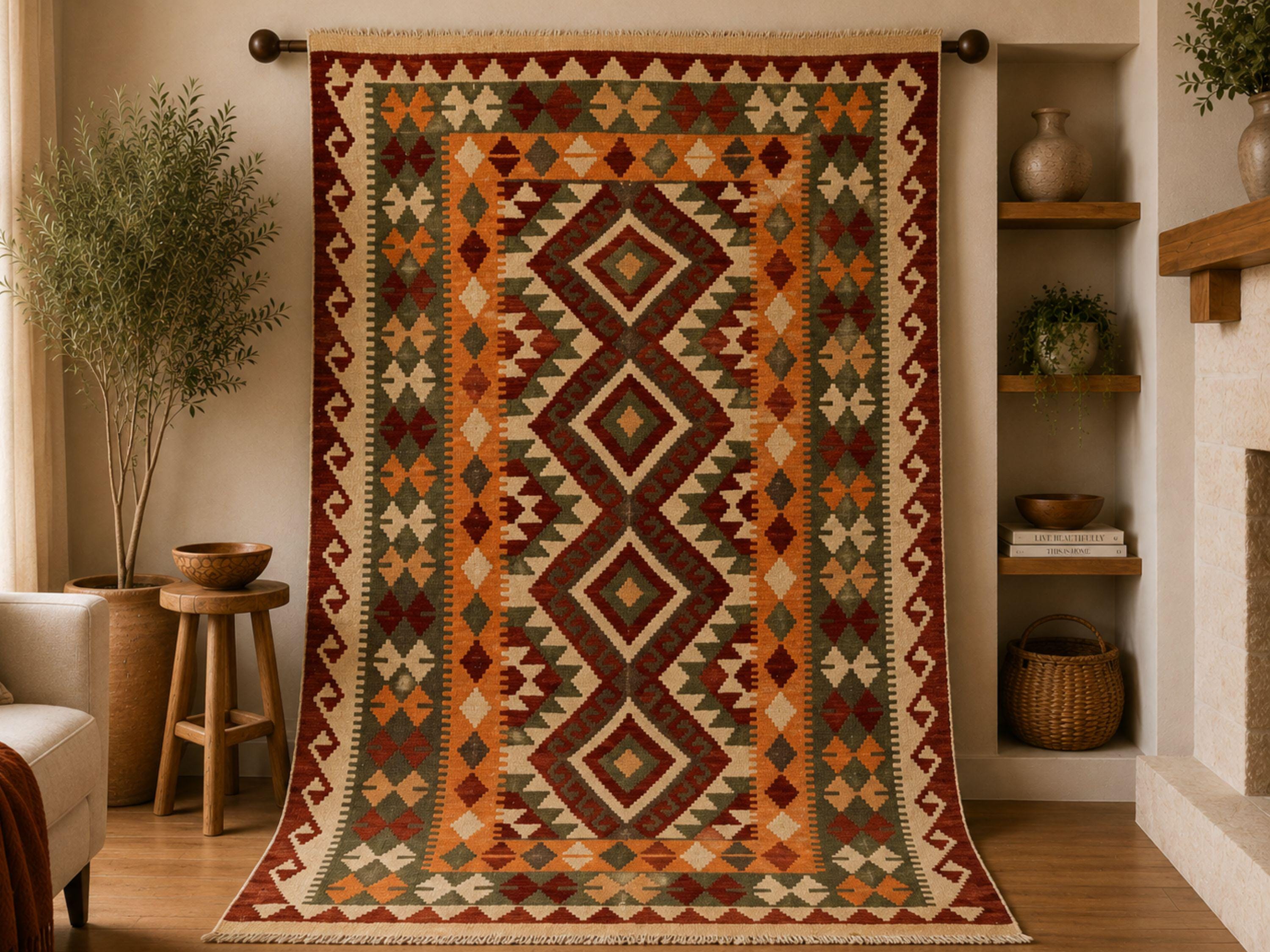 3x5 Terracotta Kilim Rug, Orange Rust Afghan Wool Flatweave Area Rug, Handwoven Veggie Dye Southwestern Diamond Bedroom Decor