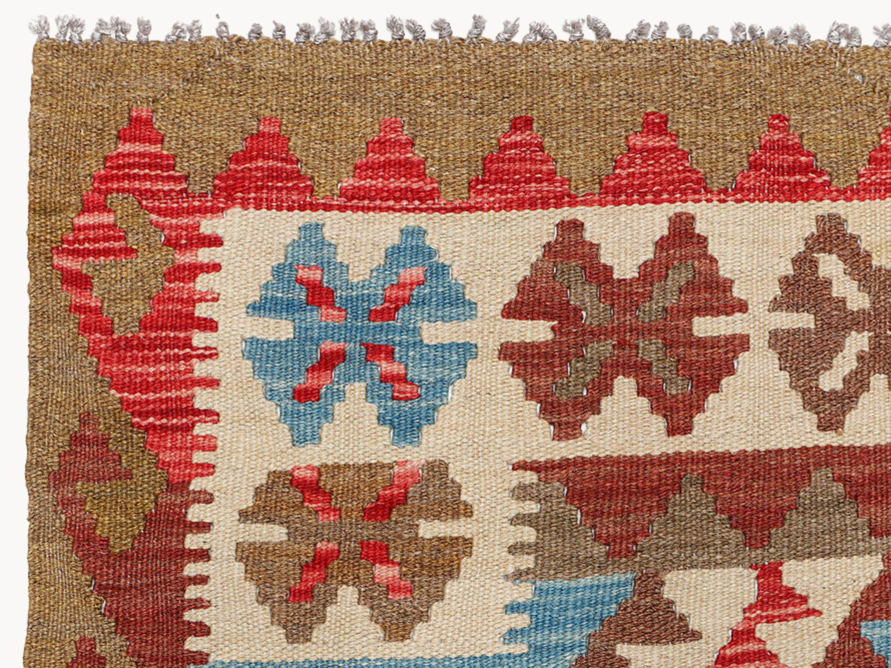 Afghan kilim rug for living room, red sky blue wool flatweave area rug 3x5, handwoven veggie dye tribal diamond accent rug