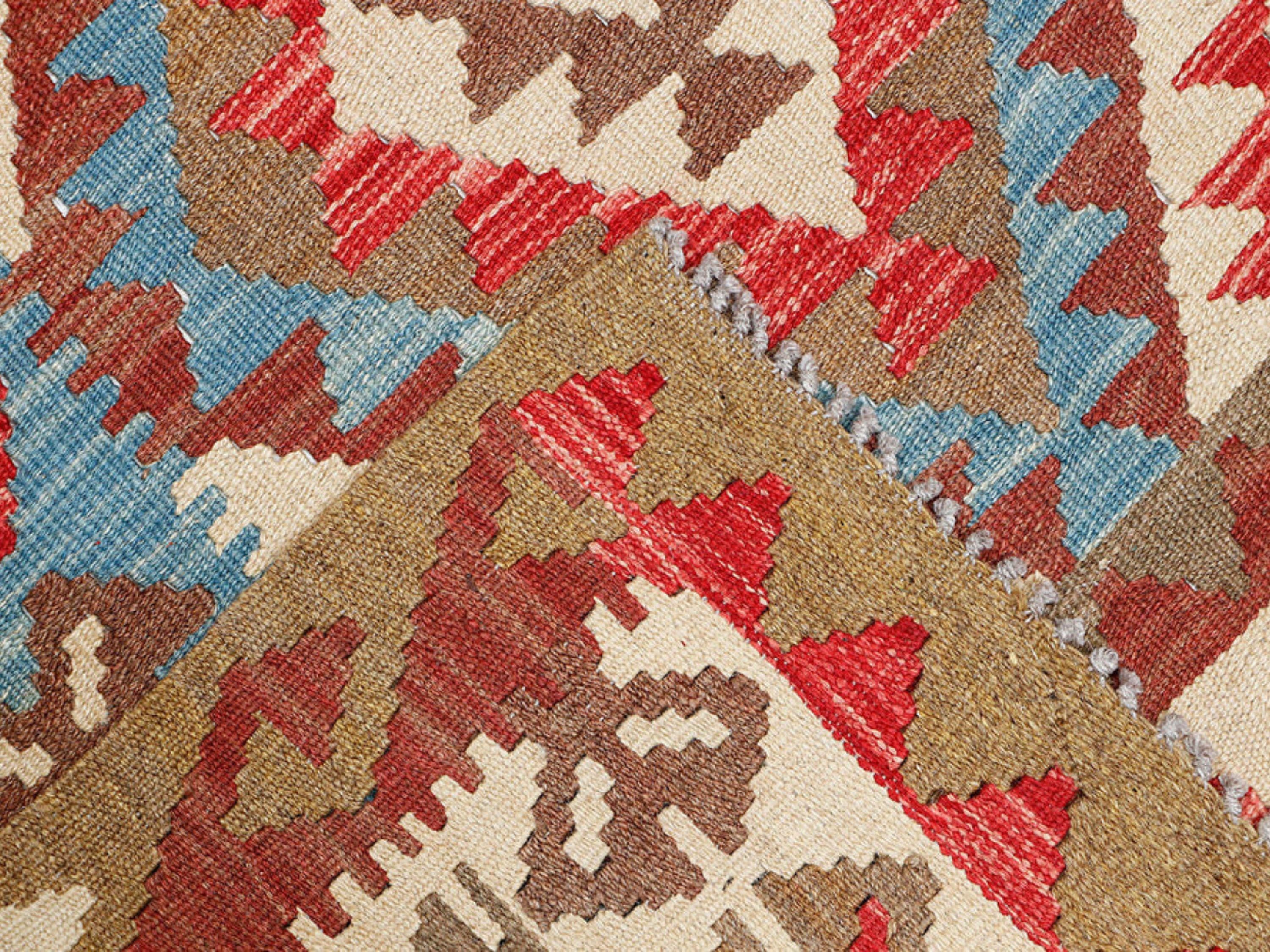 Afghan kilim rug for living room, red sky blue wool flatweave area rug 3x5, handwoven veggie dye tribal diamond accent rug