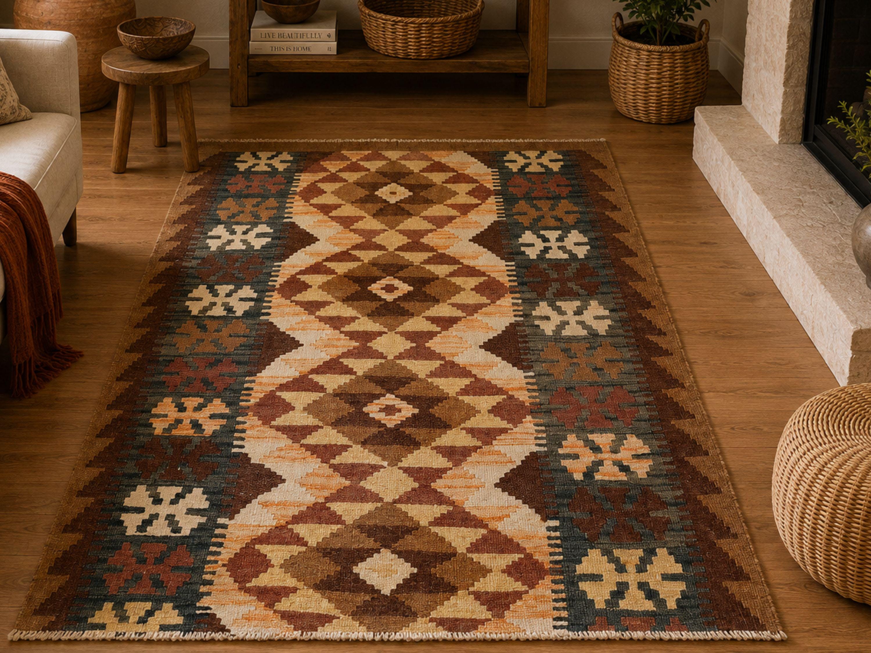 3x5 Brown Kilim Rug, Camel Cream Afghan Wool Flatweave Area Rug, Handwoven Veggie Dye Neutral Tribal Diamond Bedroom Decor