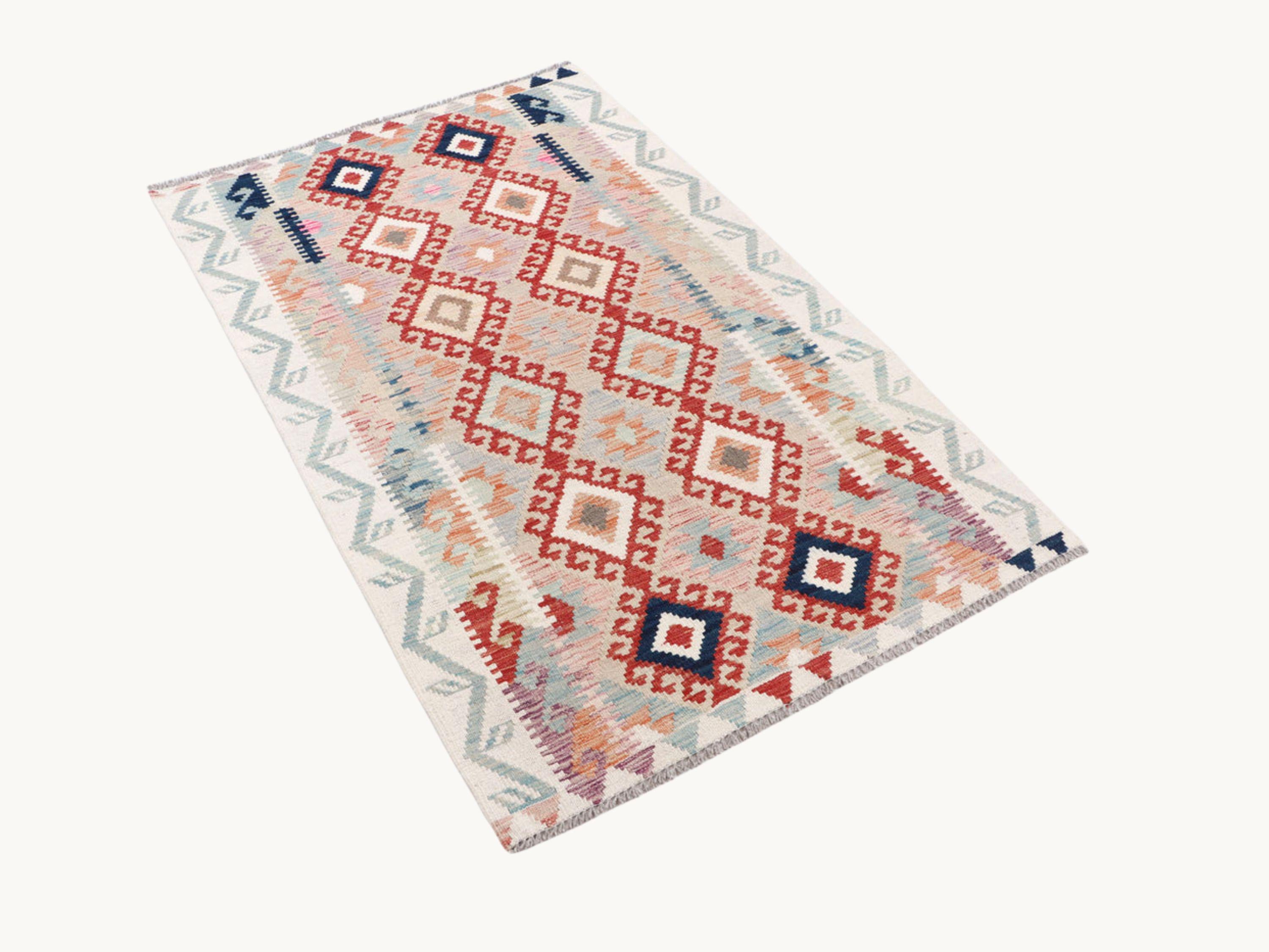 3x5 Kilim Rug, Handmade Wool Flatweave Accent Rug in Rust and Navy, Afghan Tribal Diamond Entryway Decor