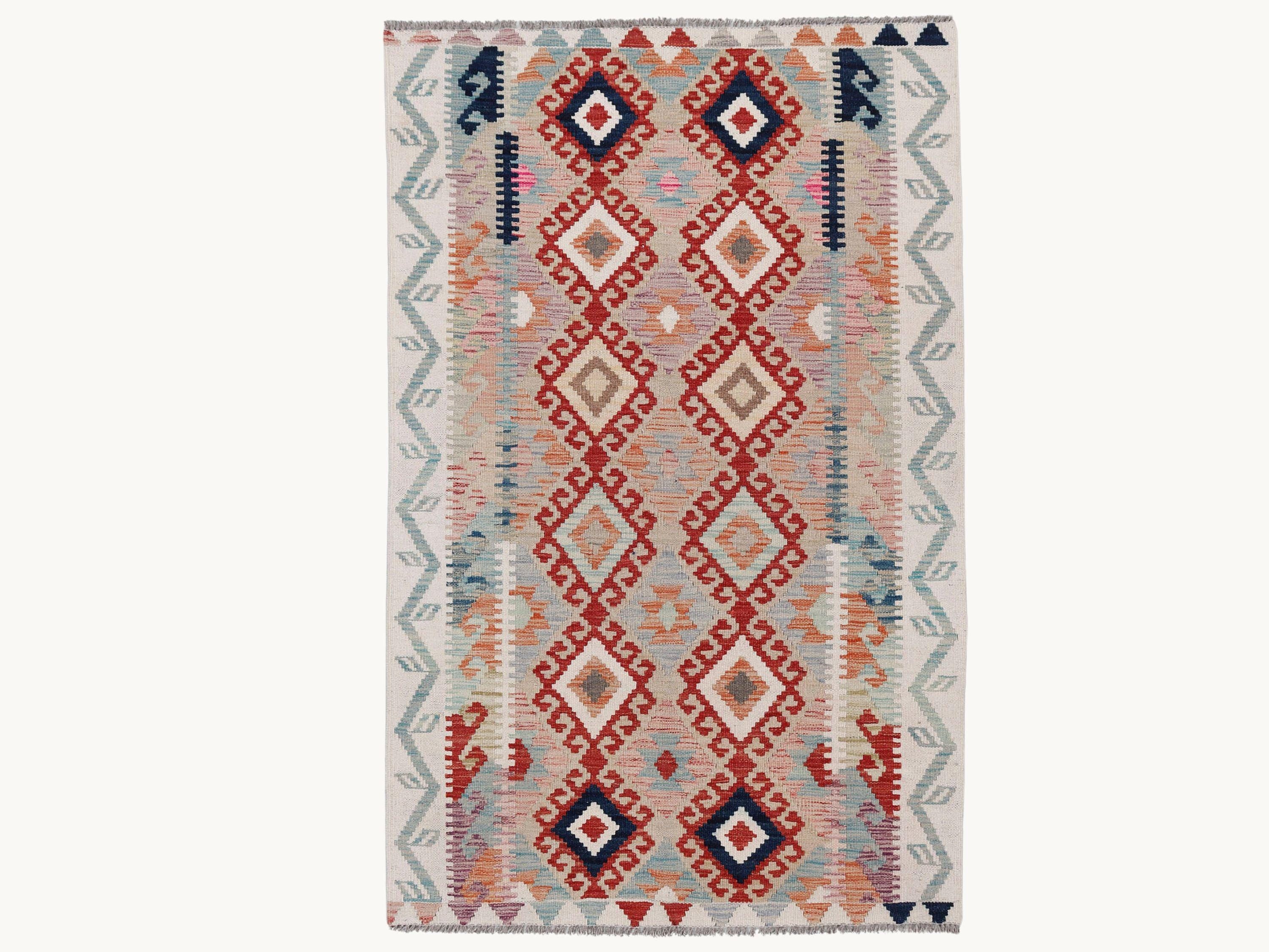 3x5 Kilim Rug, Handmade Wool Flatweave Accent Rug in Rust and Navy, Afghan Tribal Diamond Entryway Decor