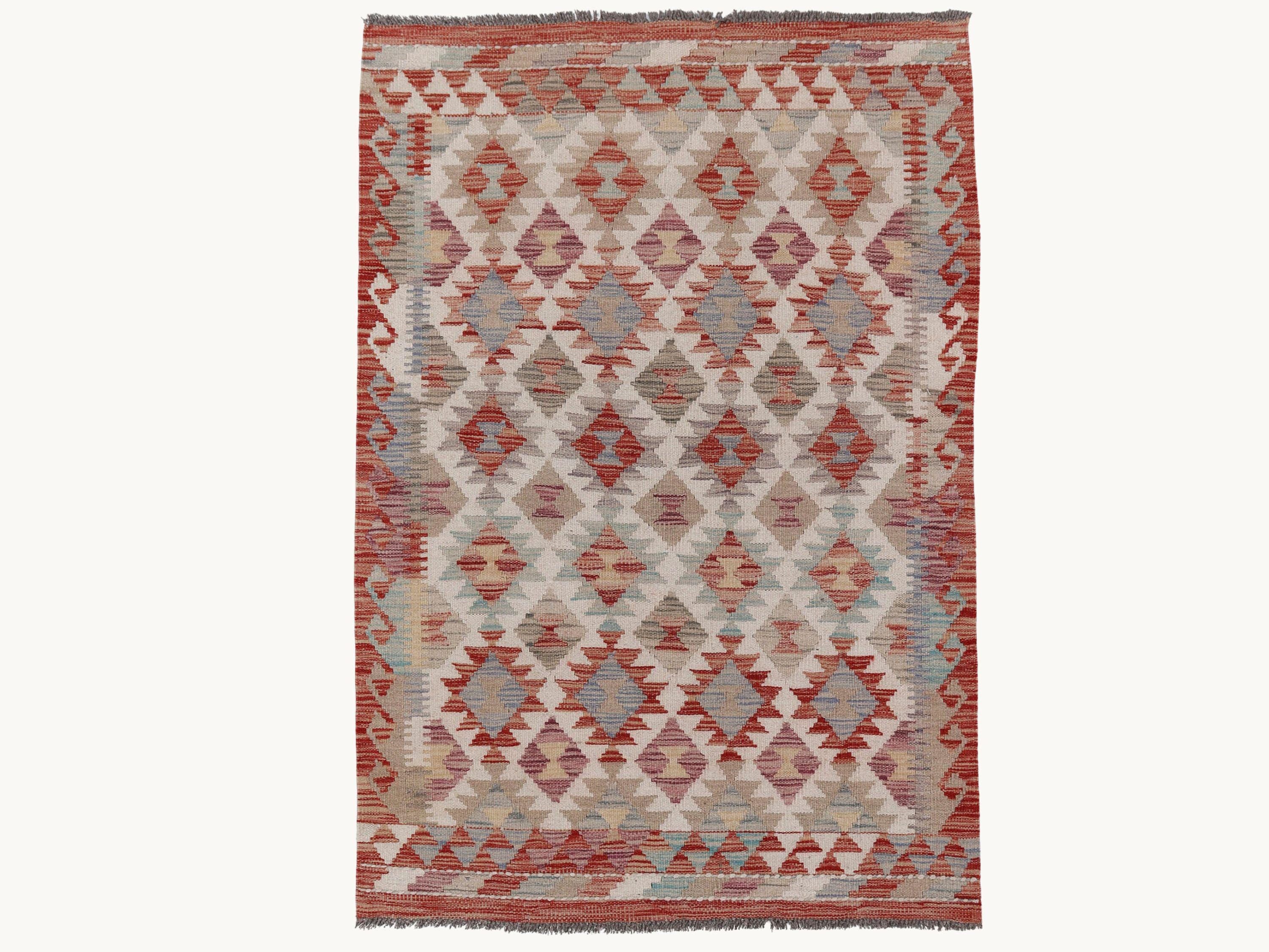 3x5 Handmade Kilim Rug, Wool Flatweave Small Area Rug in Rust and Sage, Afghan Tribal Diamond Lattice Bedroom Decor