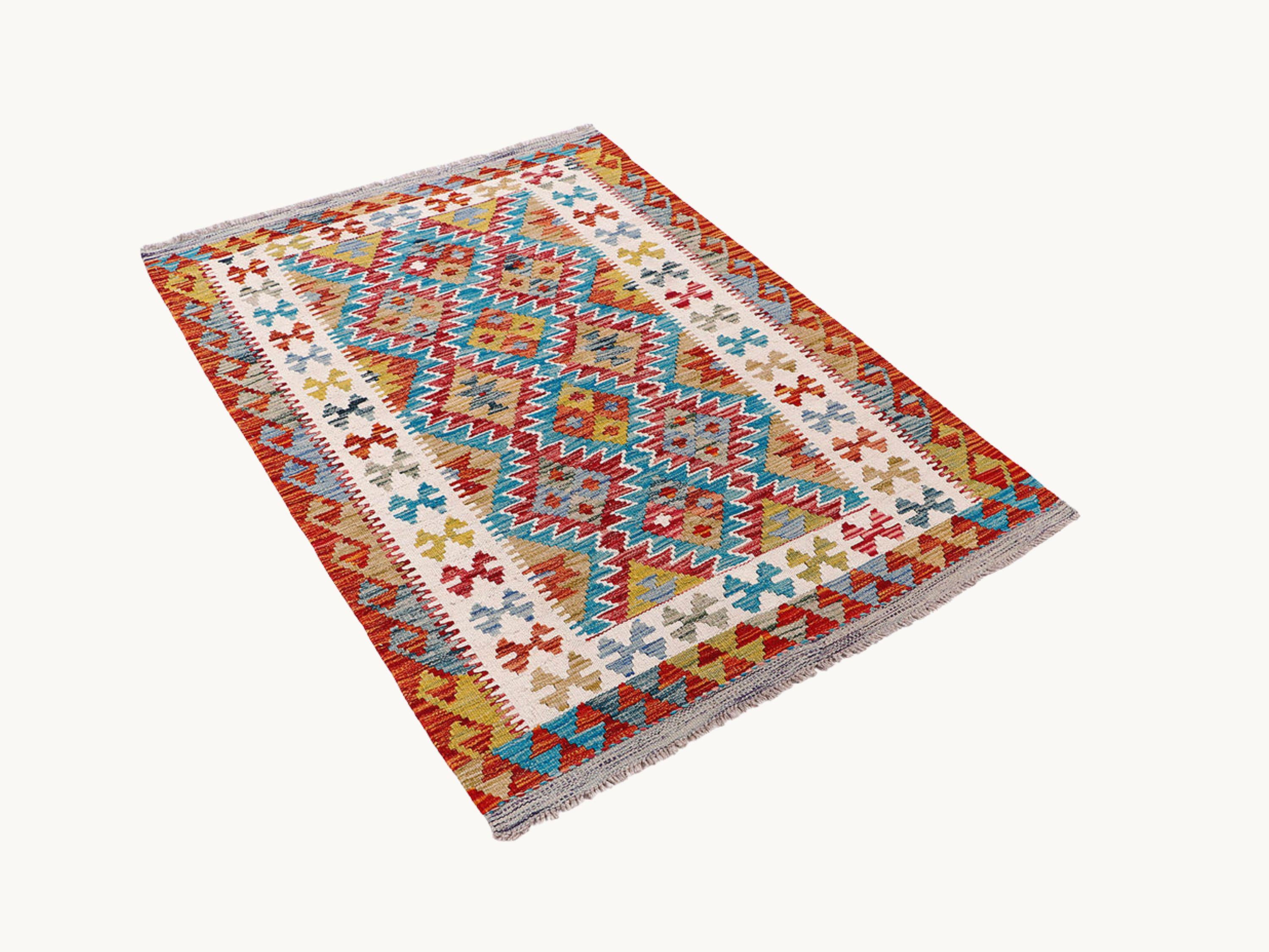3x5 Colorful Kilim Rug, Handmade Wool Flatweave Area Rug in Red Teal and Gold, Afghan Tribal Geometric Living Room Decor