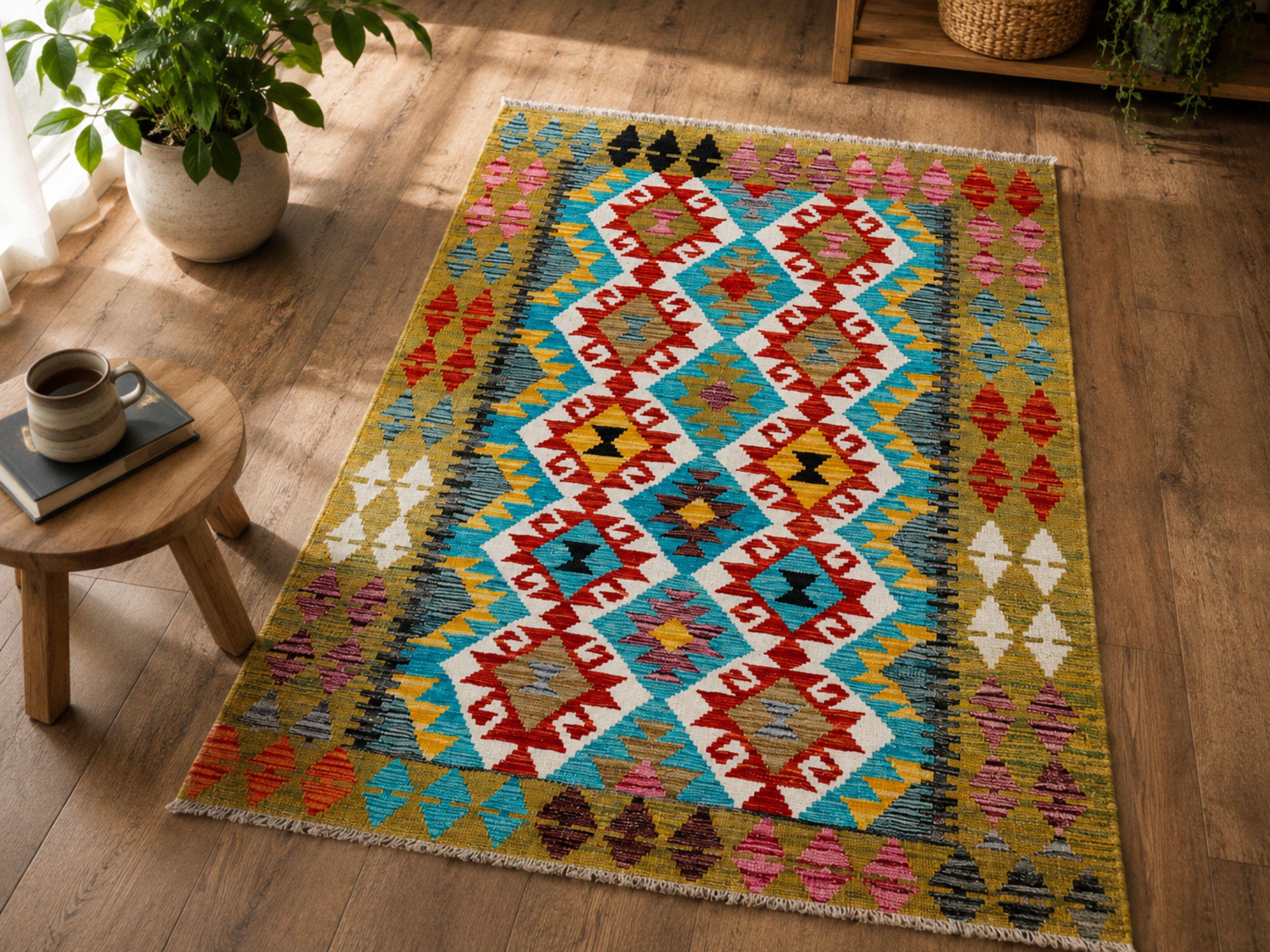 3x5 Olive Green Kilim Rug, Handmade Wool Flatweave Area Rug, Afghan Tribal Diamond Multicolor Dining Room Decor