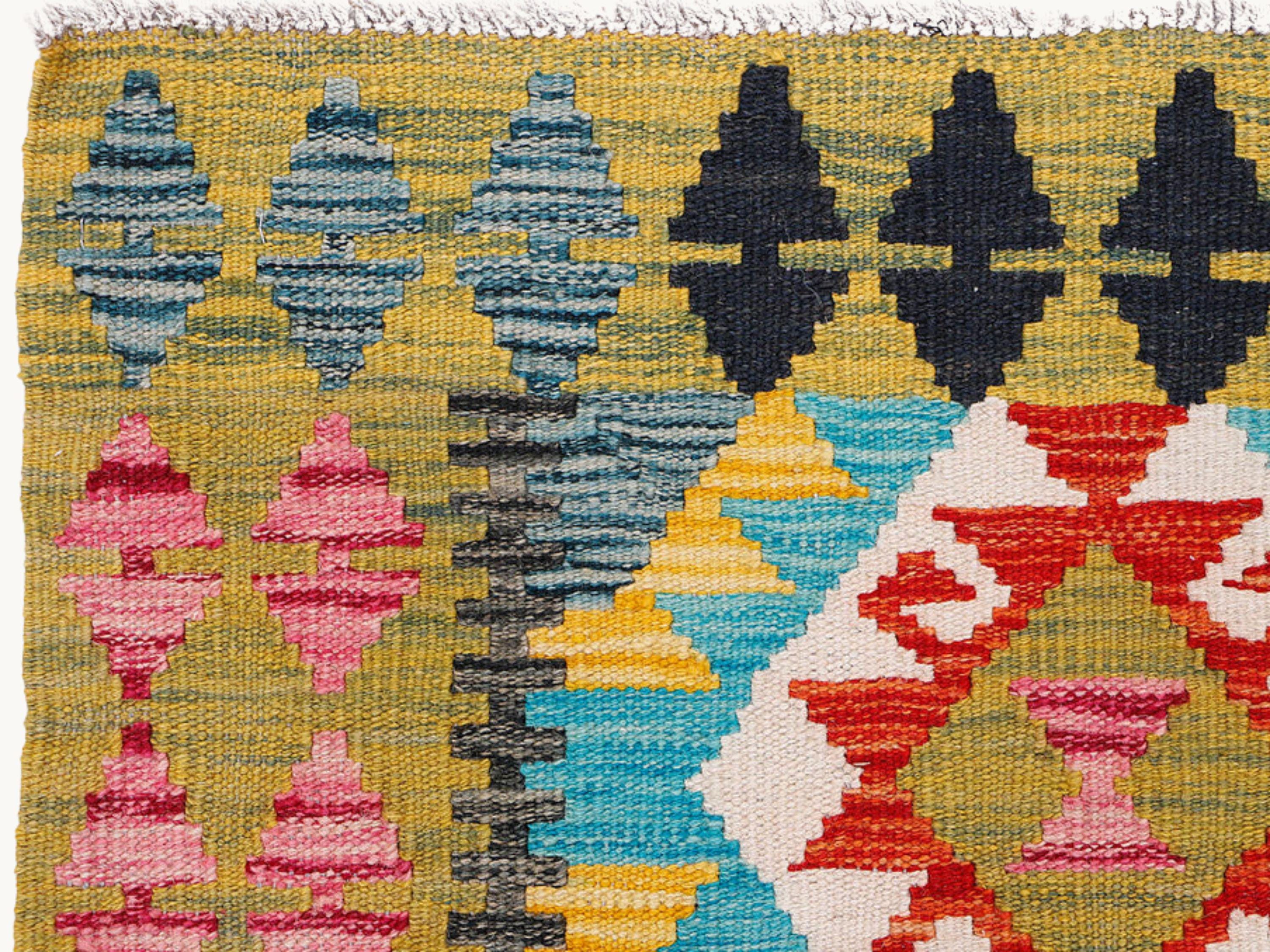 3x5 Olive Green Kilim Rug, Handmade Wool Flatweave Area Rug, Afghan Tribal Diamond Multicolor Dining Room Decor