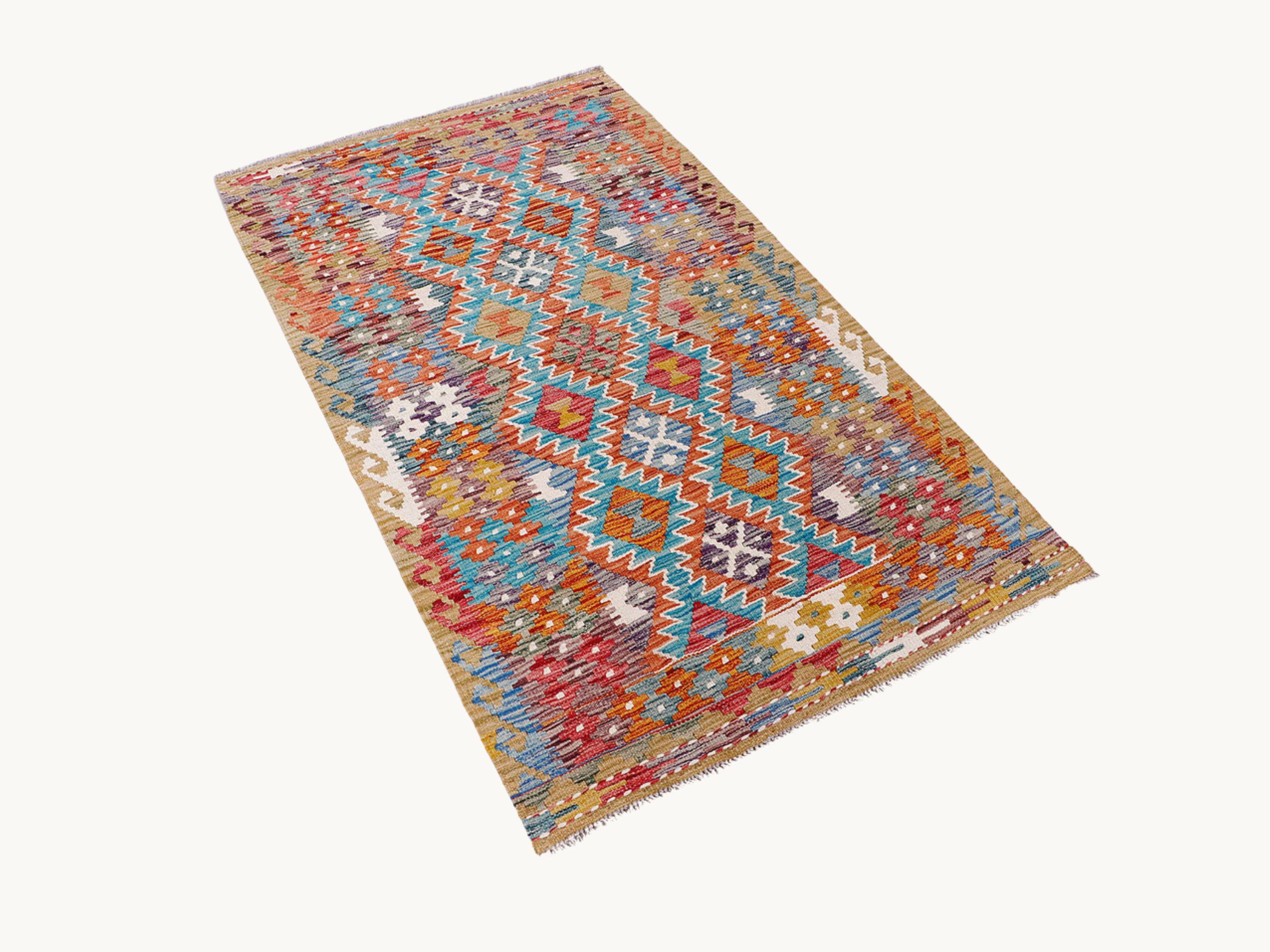 3x5 Terracotta Kilim Rug, Handmade Wool Flatweave Small Area Rug, Afghan Tribal Diamond Coral Teal Decor