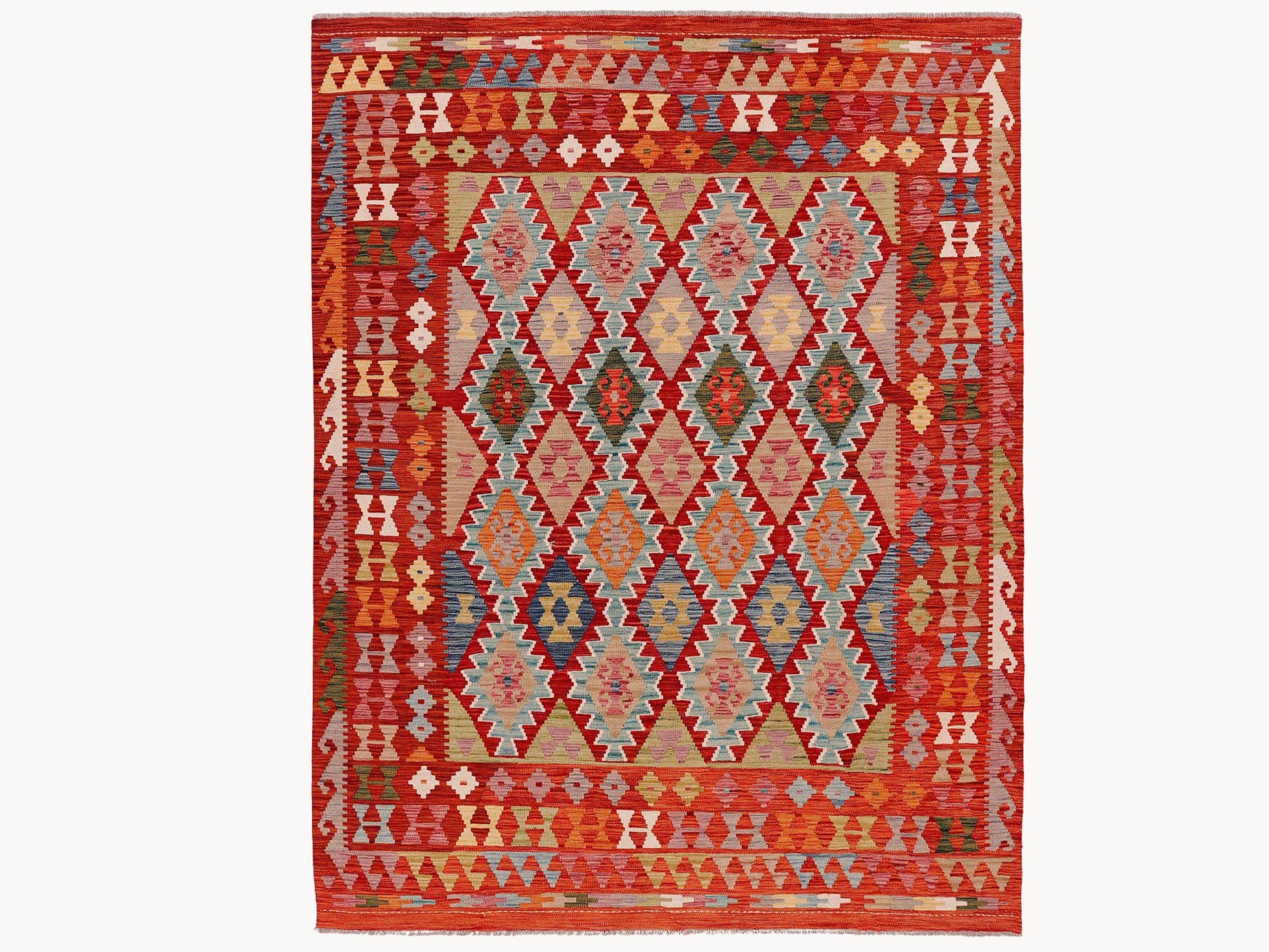 7x9 Kilim Rug, Large Red Afghan Wool Area Rug, Handwoven Southwestern Tribal Diamond Living Room Dining Decor