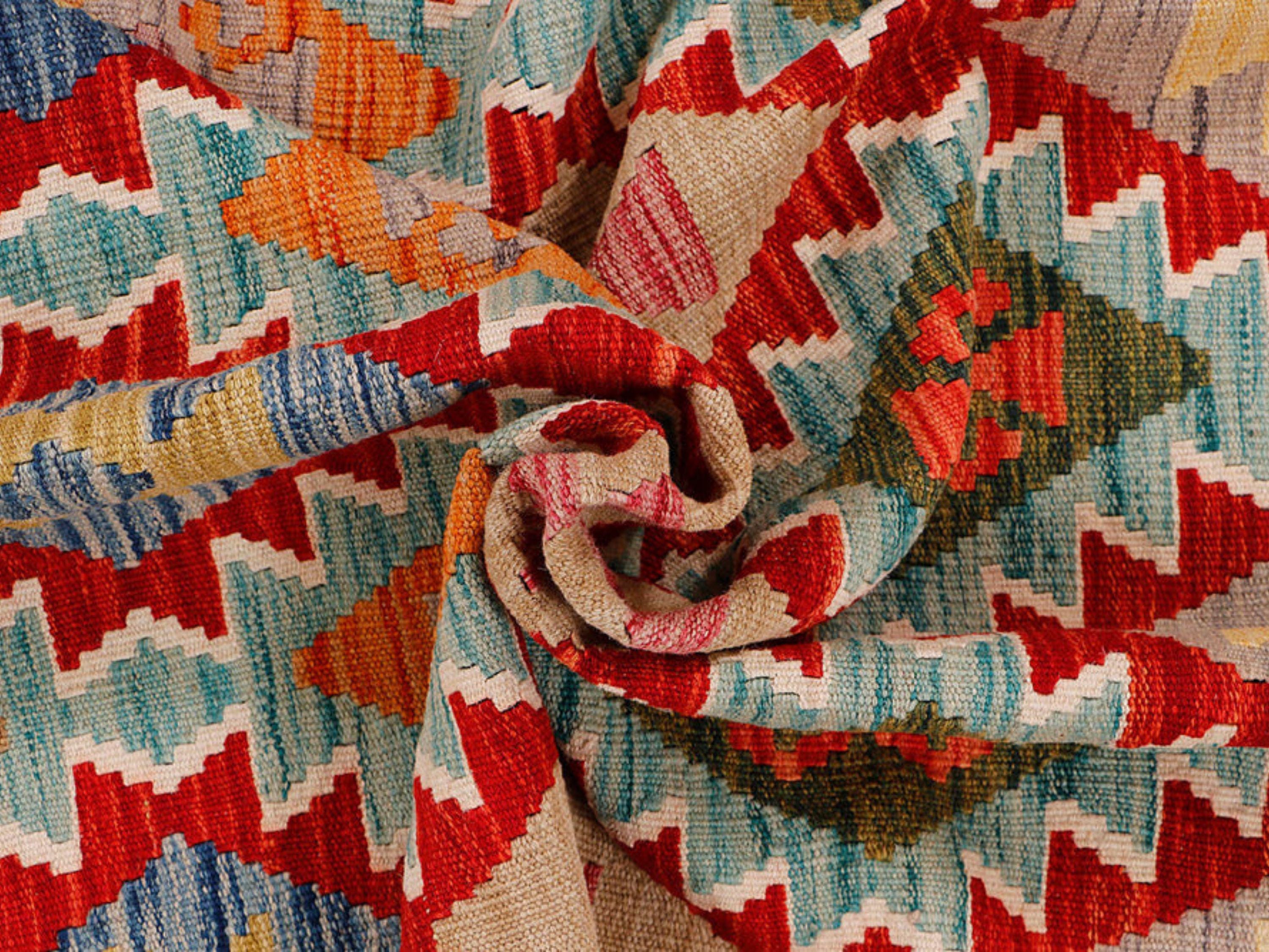 7x9 Kilim Rug, Large Red Afghan Wool Area Rug, Handwoven Southwestern Tribal Diamond Living Room Dining Decor
