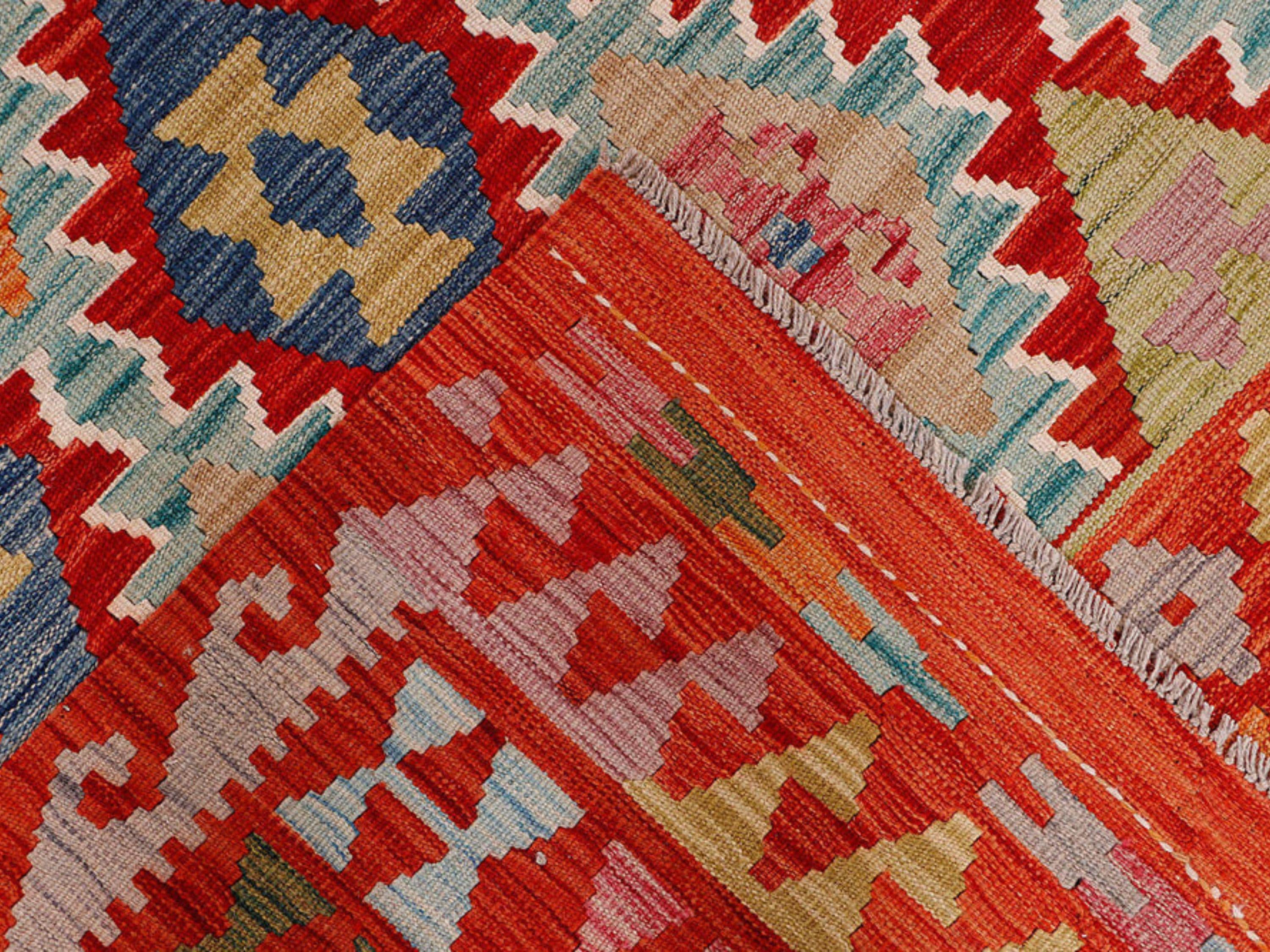 7x9 Kilim Rug, Large Red Afghan Wool Area Rug, Handwoven Southwestern Tribal Diamond Living Room Dining Decor