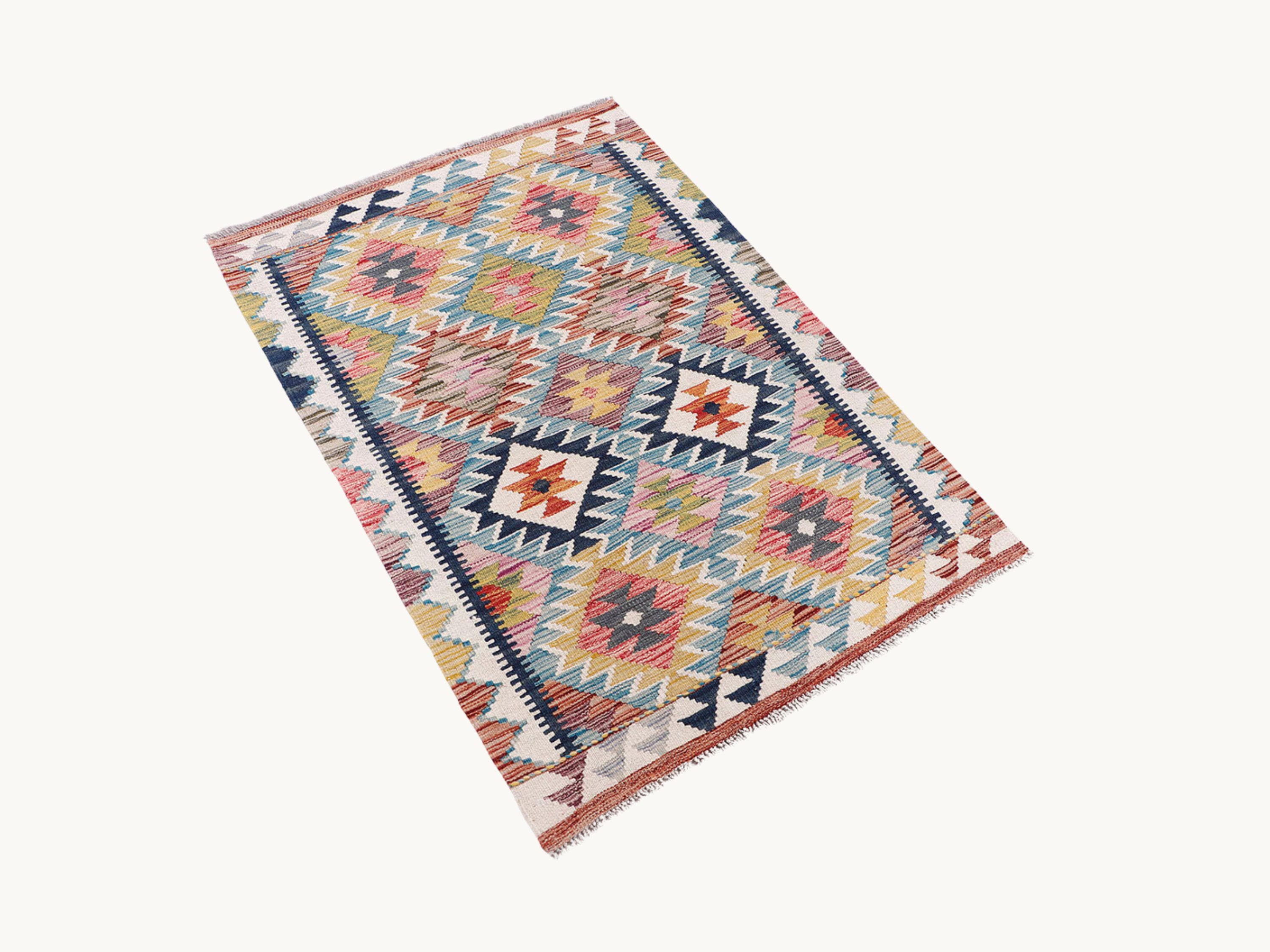 2.6x4 Kilim Rug, Small Afghan Wool Flatweave Accent Rug, Pastel Veggie Dye Pink Blue Hallway Kitchen Bedside Decor