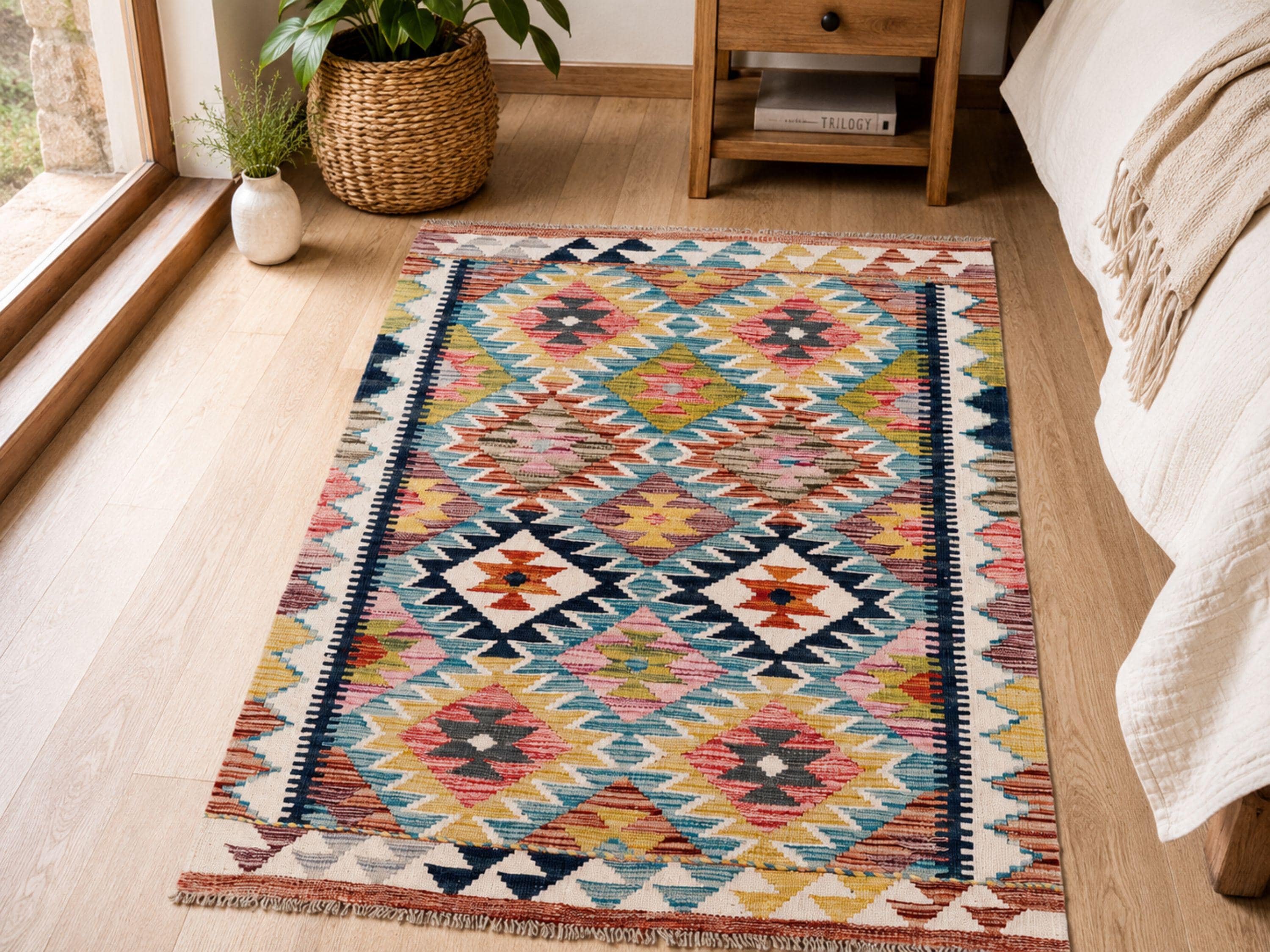 2.6x4 Kilim Rug, Small Afghan Wool Flatweave Accent Rug, Pastel Veggie Dye Pink Blue Hallway Kitchen Bedside Decor
