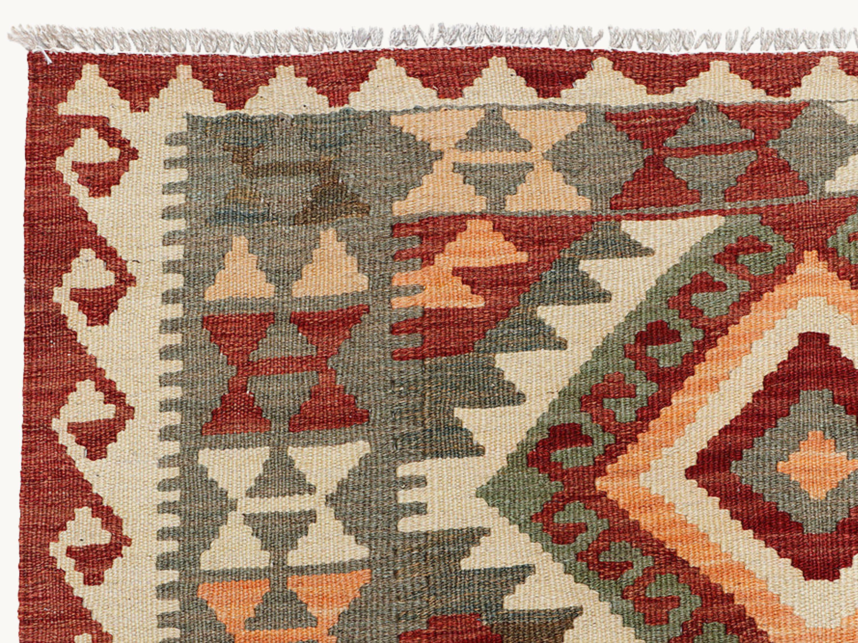 3x5 Kilim Rug, Olive Green Afghan Wool Flatweave Rug, Handwoven Veggie Dye Red Southwestern Diamond Bedroom Decor