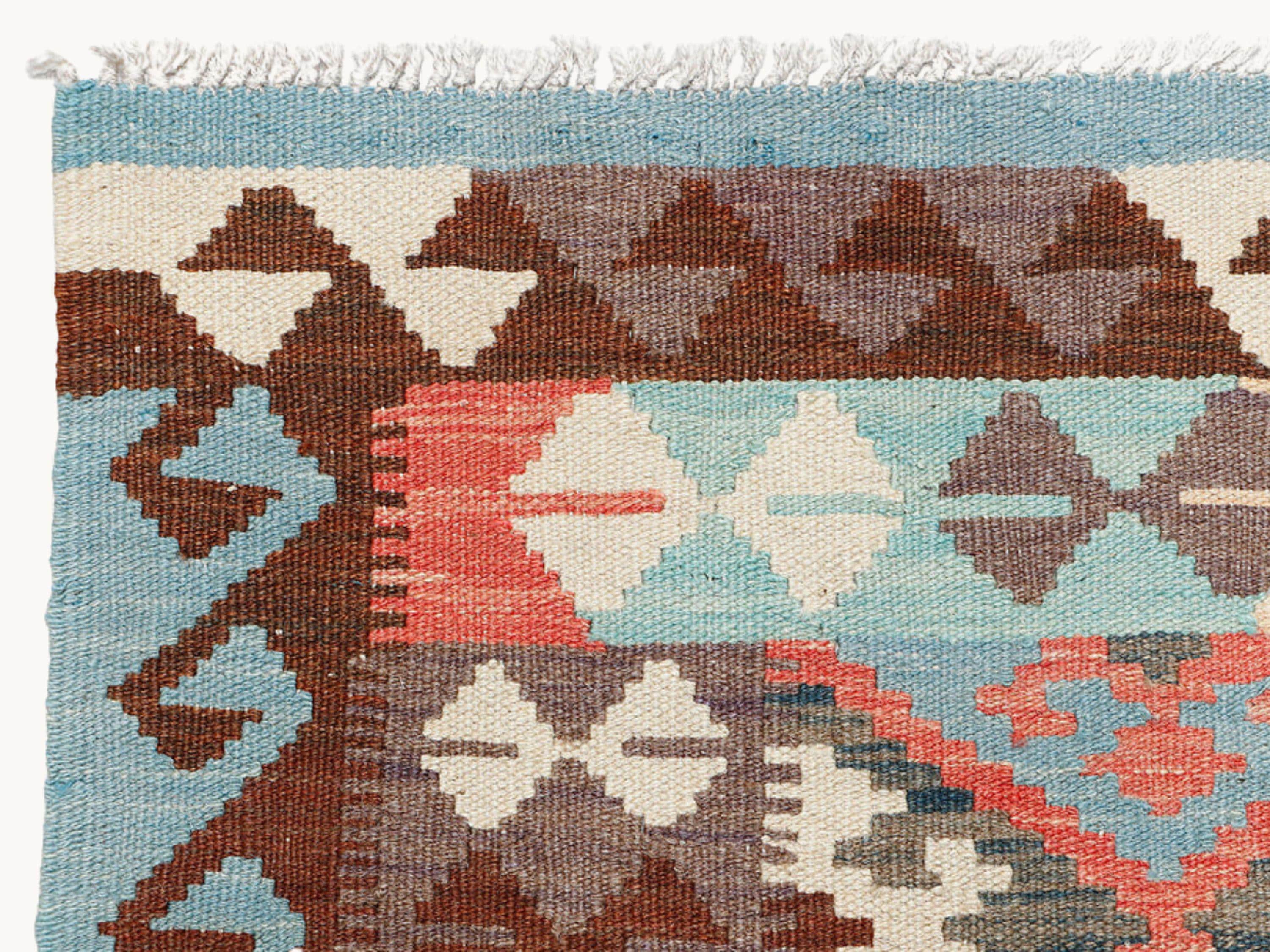 3x5 Kilim Rug, Blue Teal Afghan Wool Flatweave Rug, Handwoven Veggie Dye Coral Cream Diamond Bedroom Living Room Decor