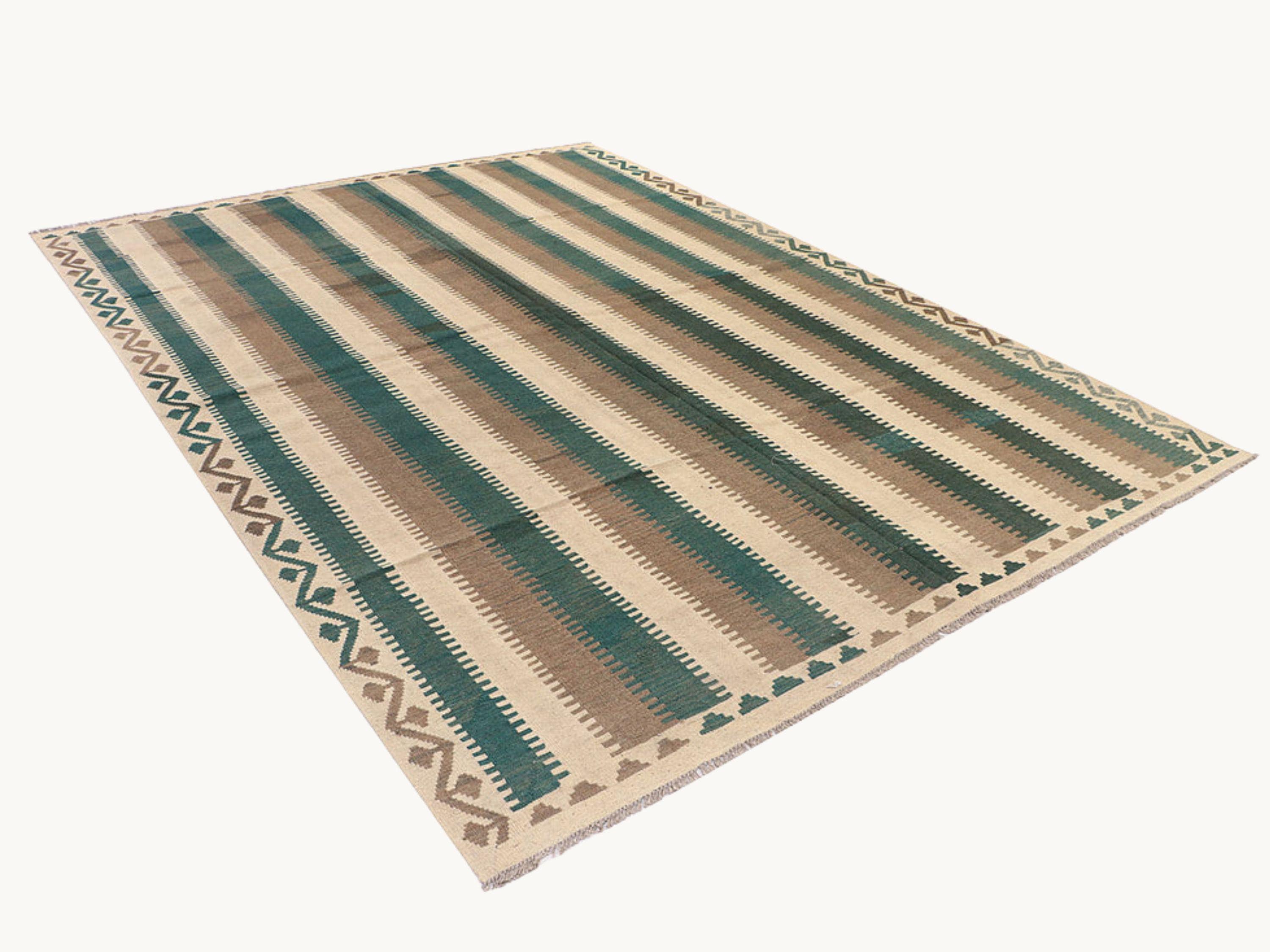 9x12 Flatweave Kilim Rug, Sage Green Striped Afghan Wool Area Rug, Handwoven Veggie Dye Neutral Living Room Decor