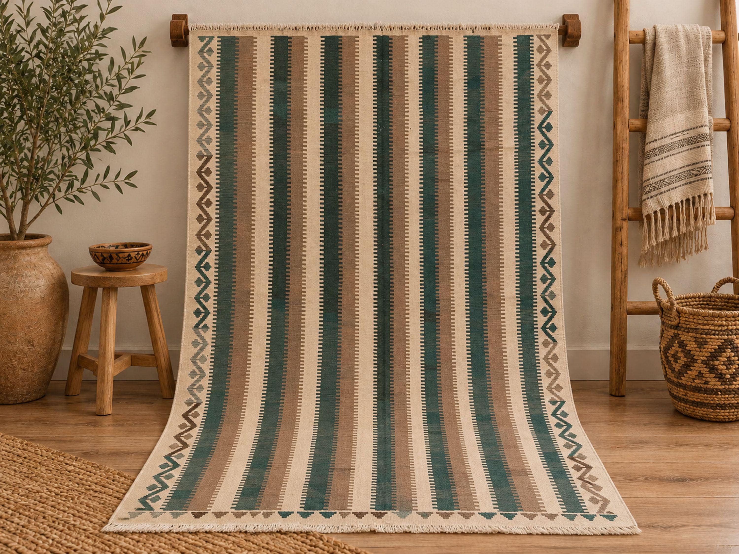 9x12 Flatweave Kilim Rug, Sage Green Striped Afghan Wool Area Rug, Handwoven Veggie Dye Neutral Living Room Decor