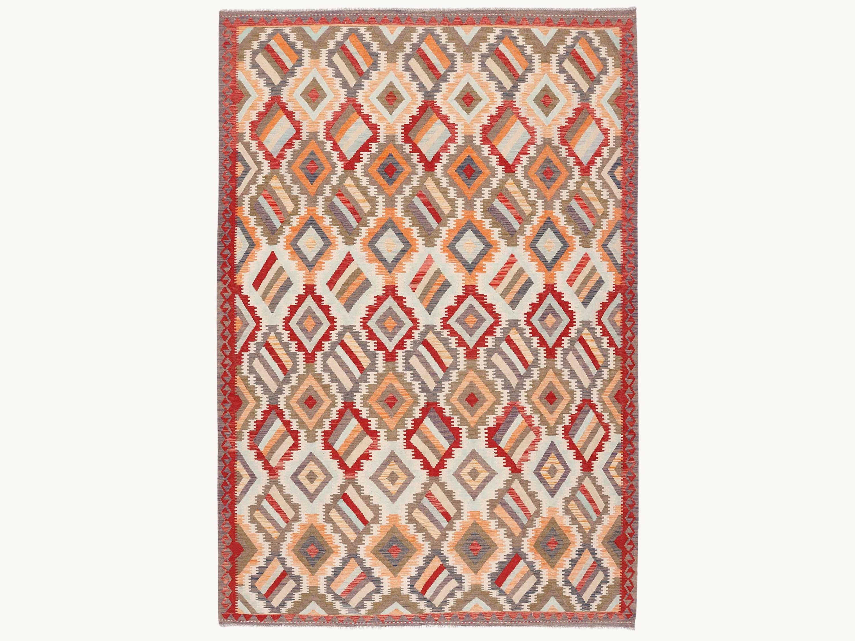 6.6x10 Kilim Rug, Large Cream Ivory Afghan Wool Flatweave Area Rug, Handwoven Veggie Dye Red Diamond Living Room Decor