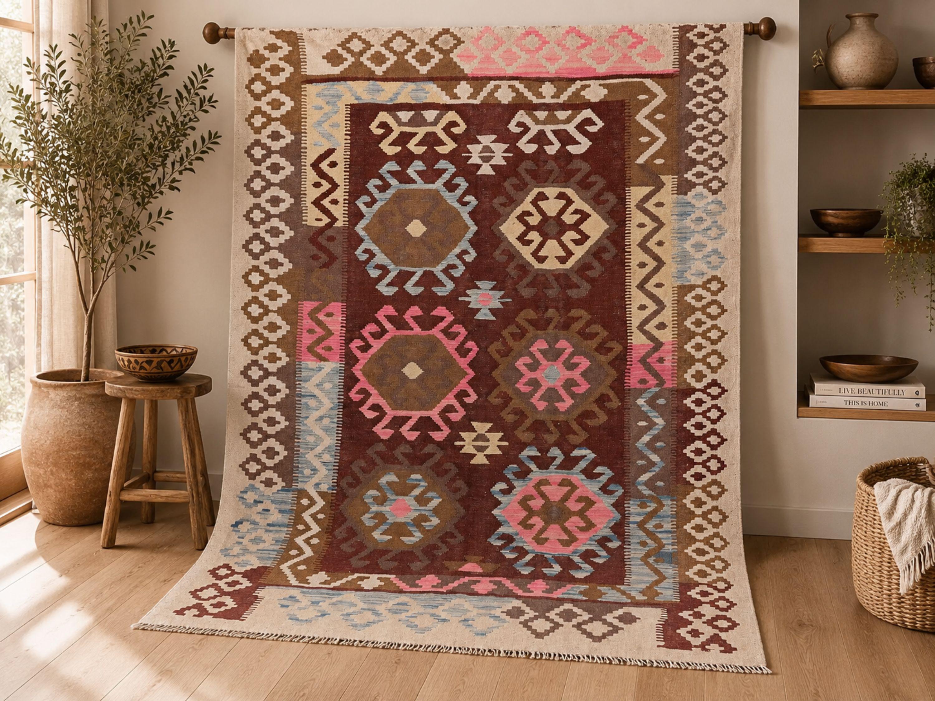 5x7 Pink Kilim Rug, Burgundy Cream Afghan Wool Flatweave Area Rug, Handwoven Veggie Dye Medallion Living Room Decor
