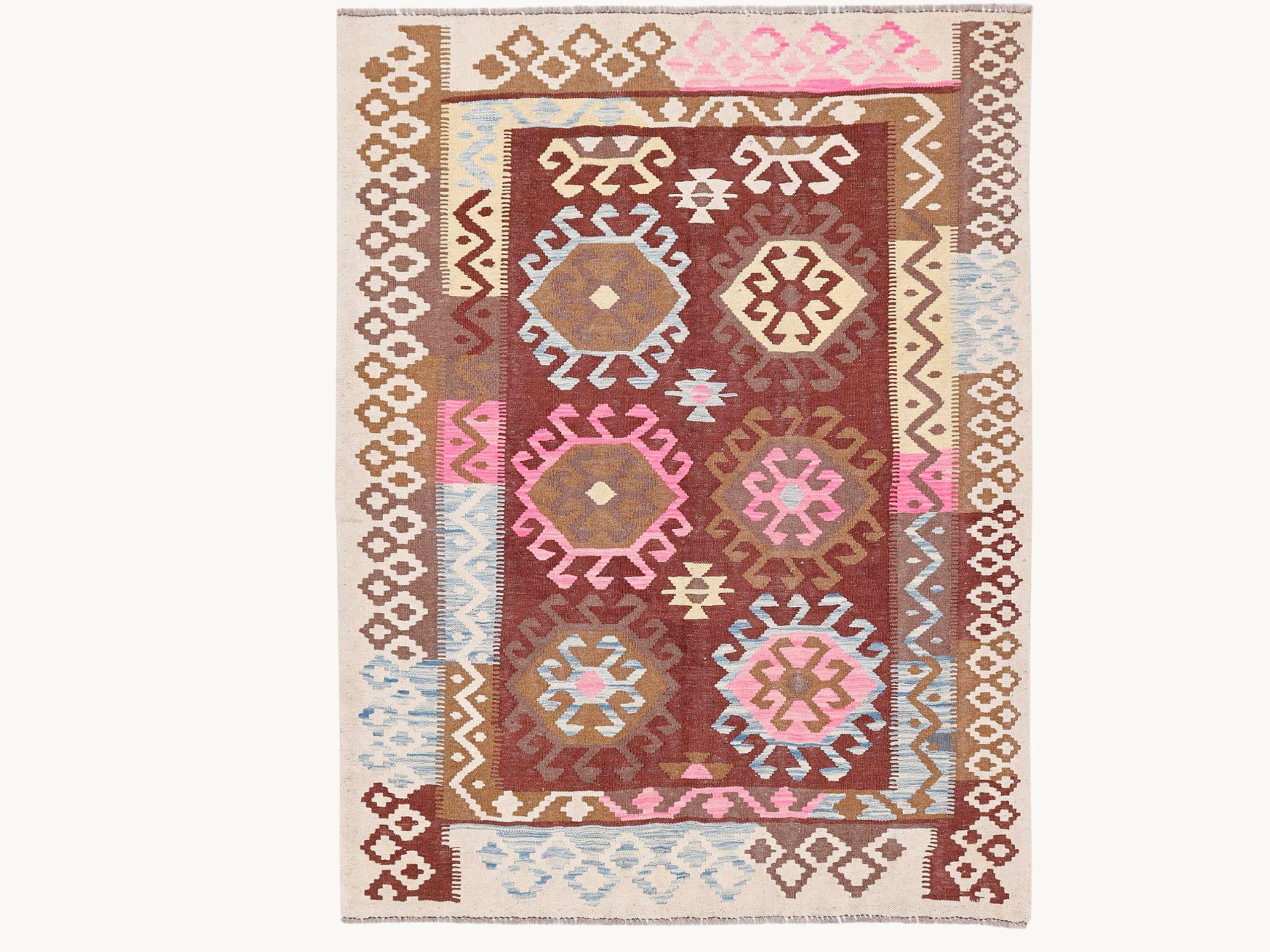5x7 Pink Kilim Rug, Burgundy Cream Afghan Wool Flatweave Area Rug, Handwoven Veggie Dye Medallion Living Room Decor
