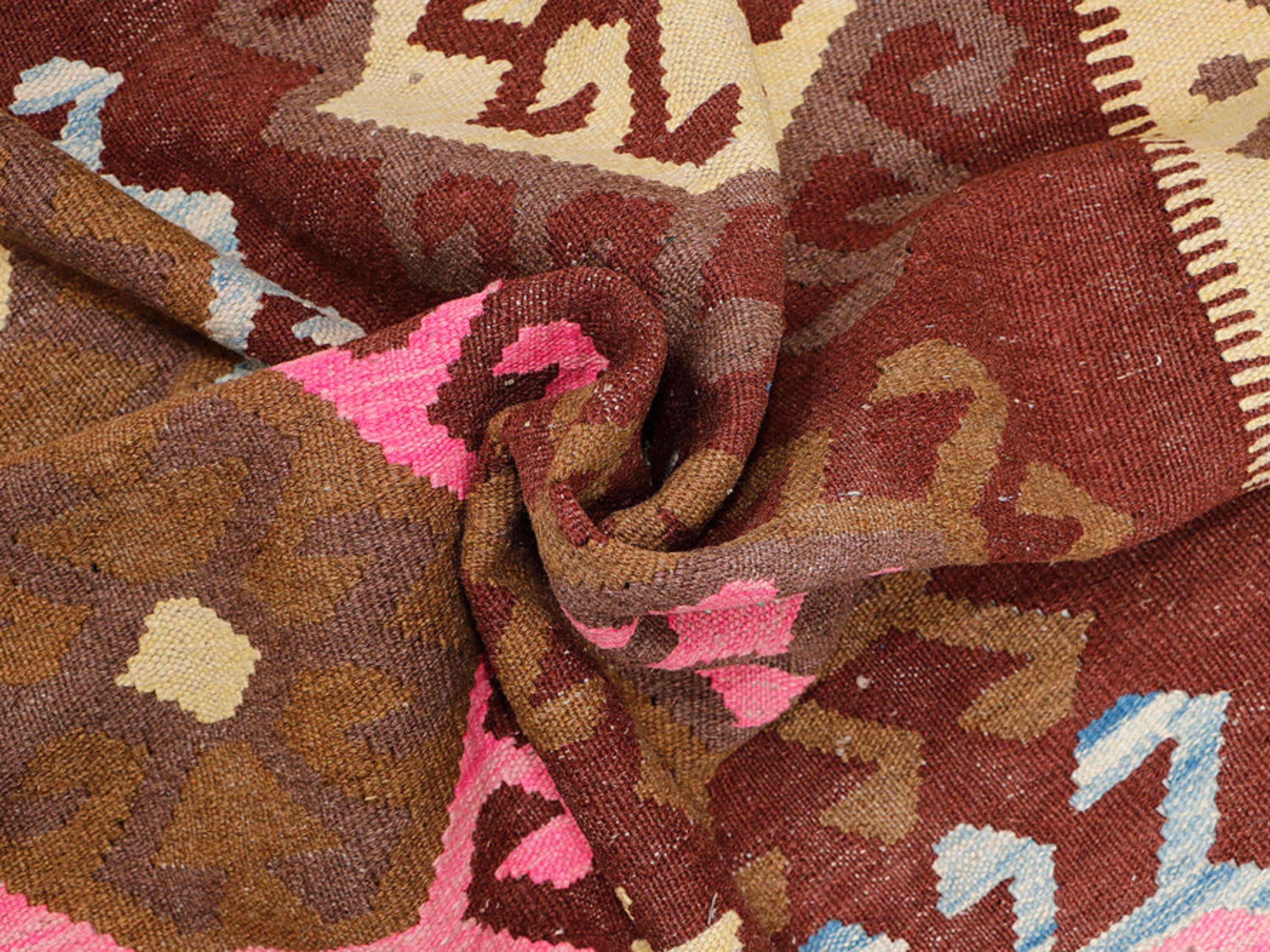 5x7 Pink Kilim Rug, Burgundy Cream Afghan Wool Flatweave Area Rug, Handwoven Veggie Dye Medallion Living Room Decor