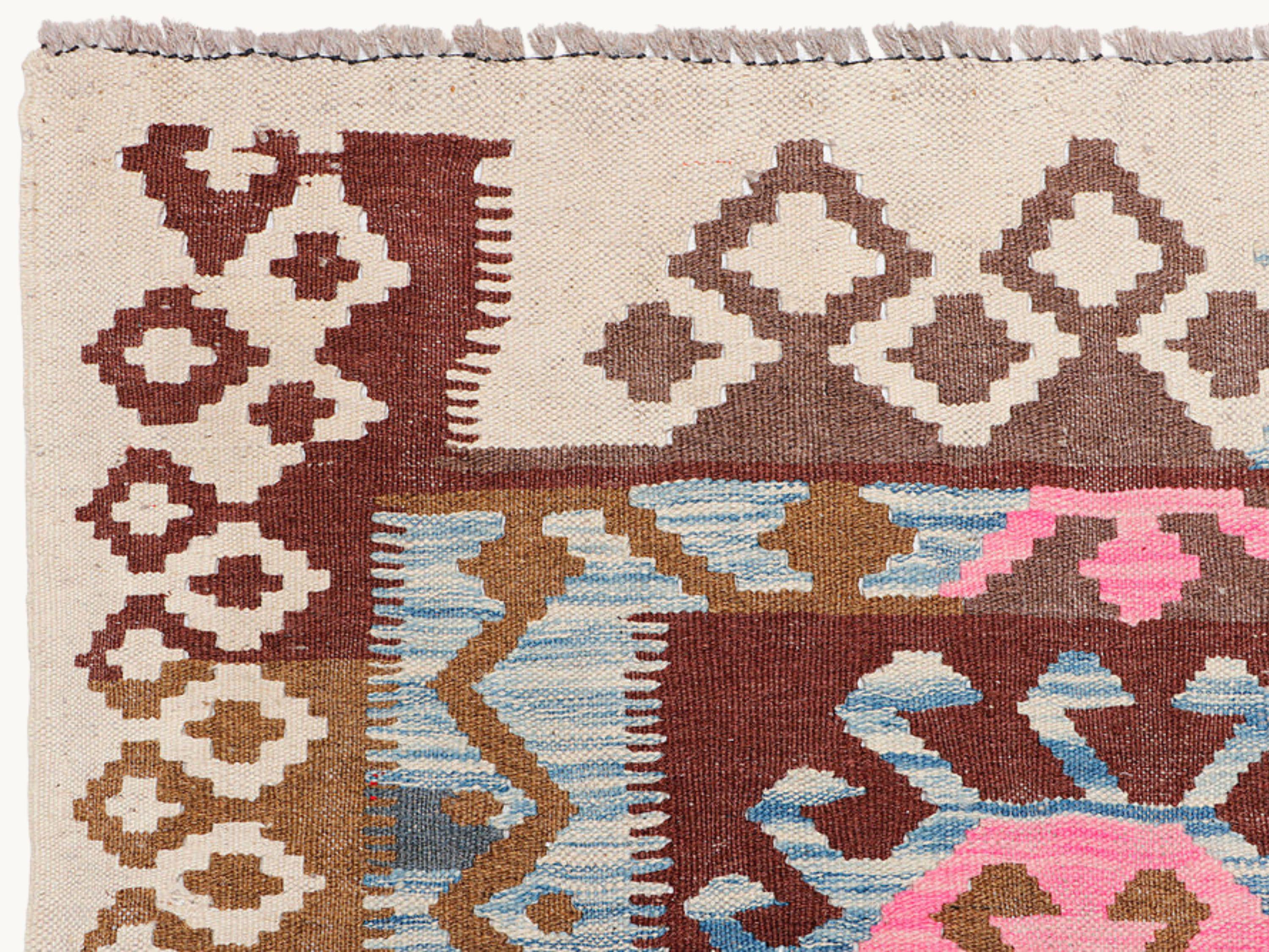 5x7 Pink Kilim Rug, Burgundy Cream Afghan Wool Flatweave Area Rug, Handwoven Veggie Dye Medallion Living Room Decor