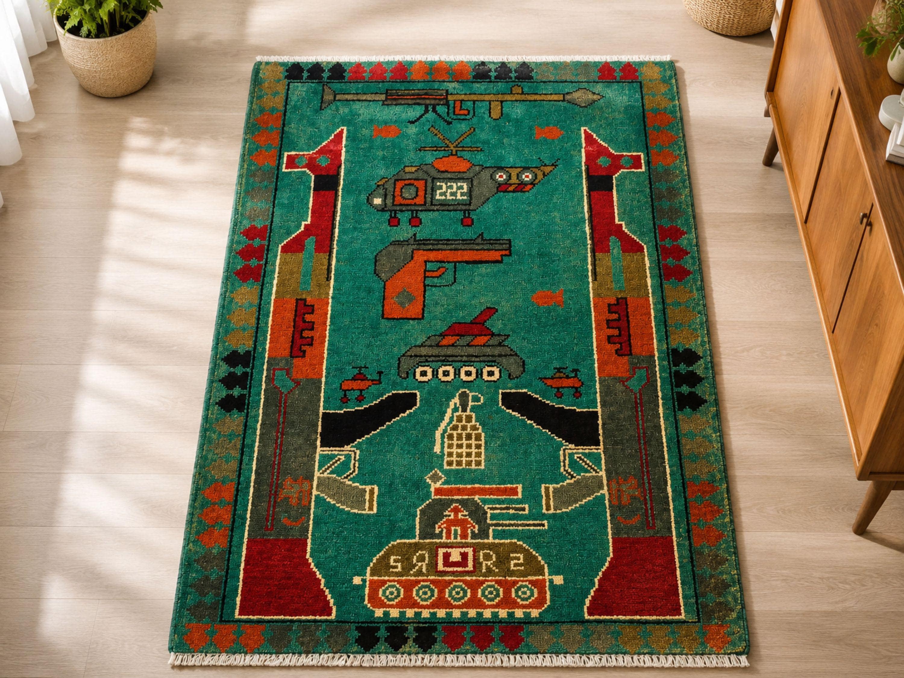 2x3 Green Afghan War Rug, Hand Knotted Wool Pictorial Wall Art