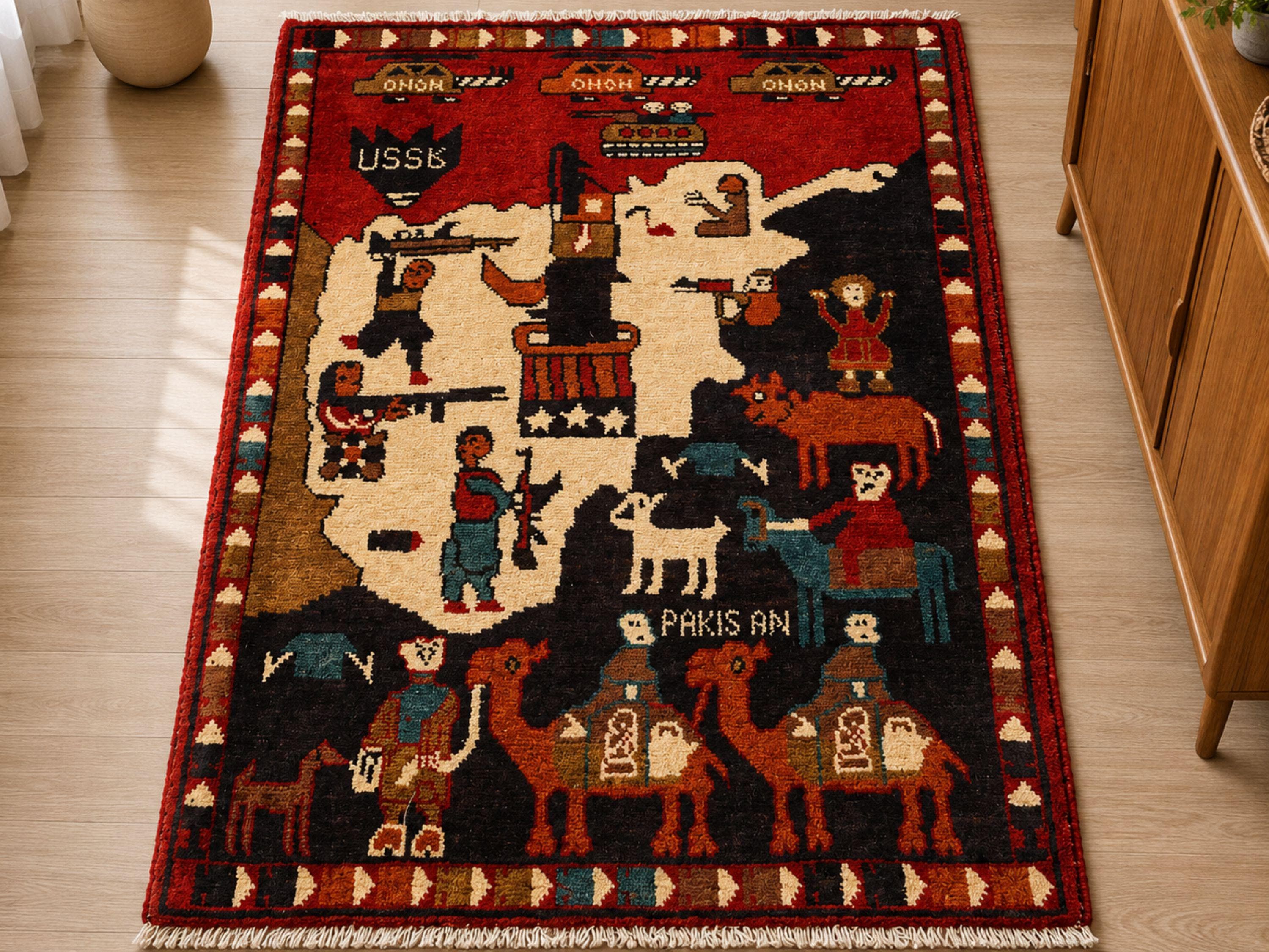 Hand Knotted Wool Pictorial War Rug, Folk Art Tribal Wall Hanging, 2x3 ft