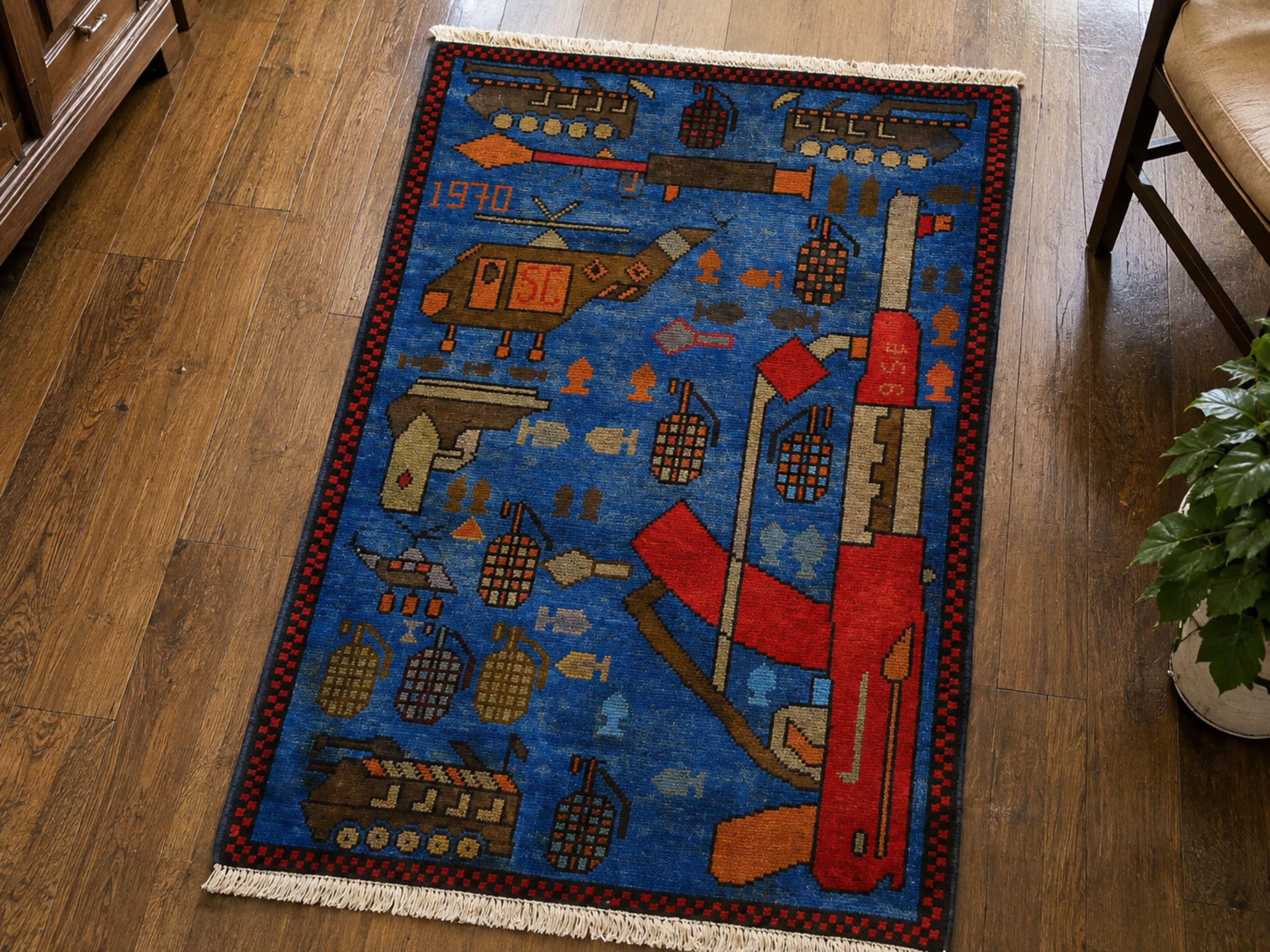 2x3 Blue Afghan War Rug, Hand Knotted Wool Pictorial Collector Piece