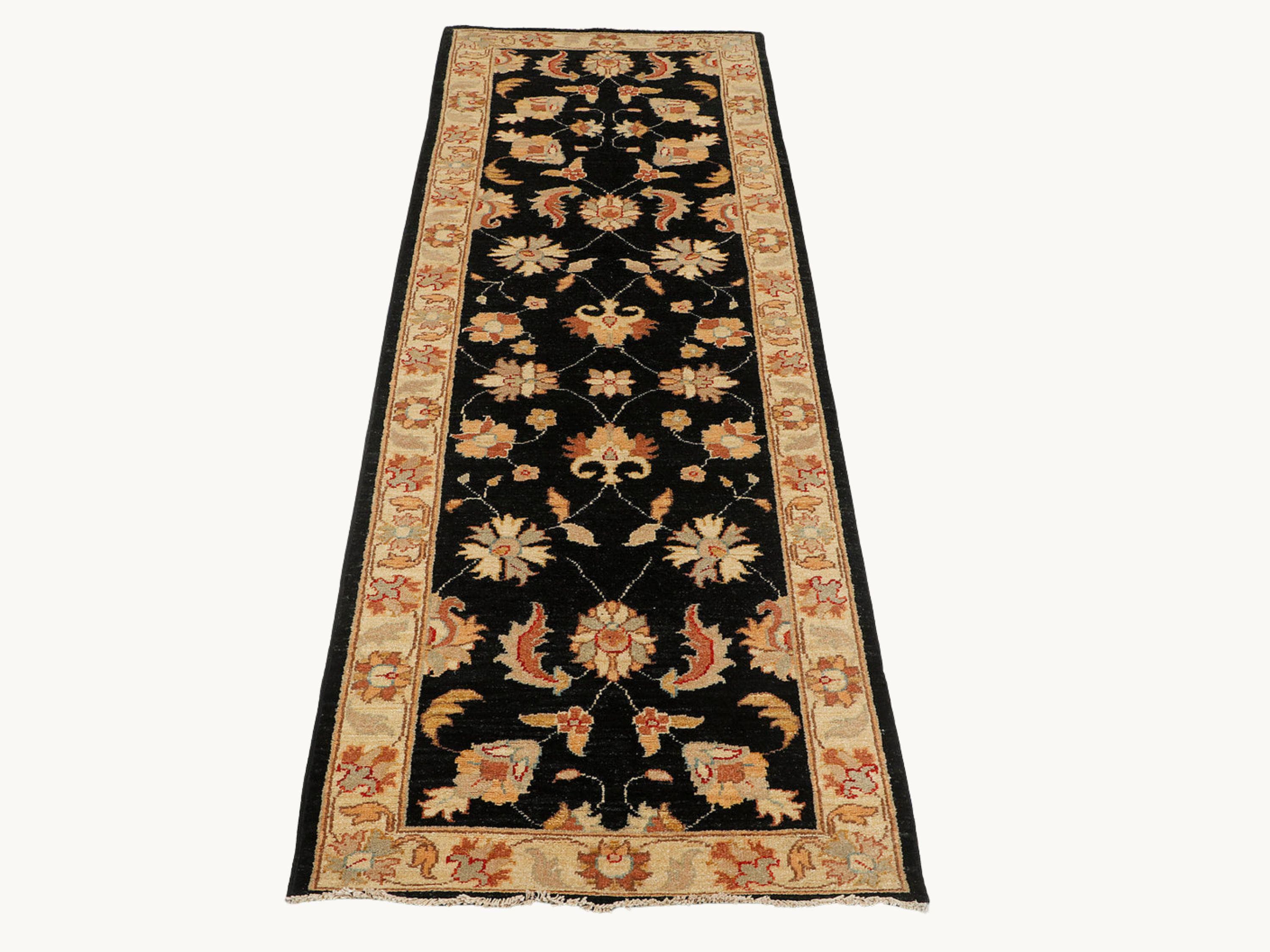 3x8 Ziegler Runner Rug, Black Persian Style Floral Wool Carpet, Hand Knotted Hallway Entryway Decor