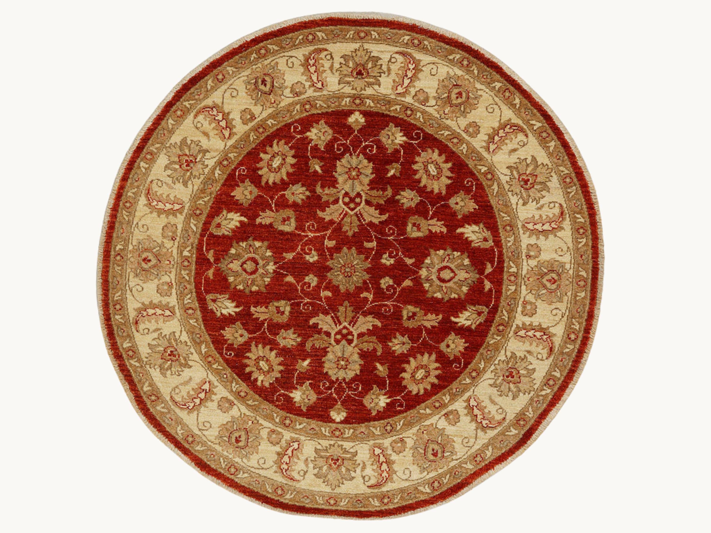 5x5 Ziegler round Rug, Red Persian Style Medallion Wool Carpet, Hand Knotted Traditional Floral Decor