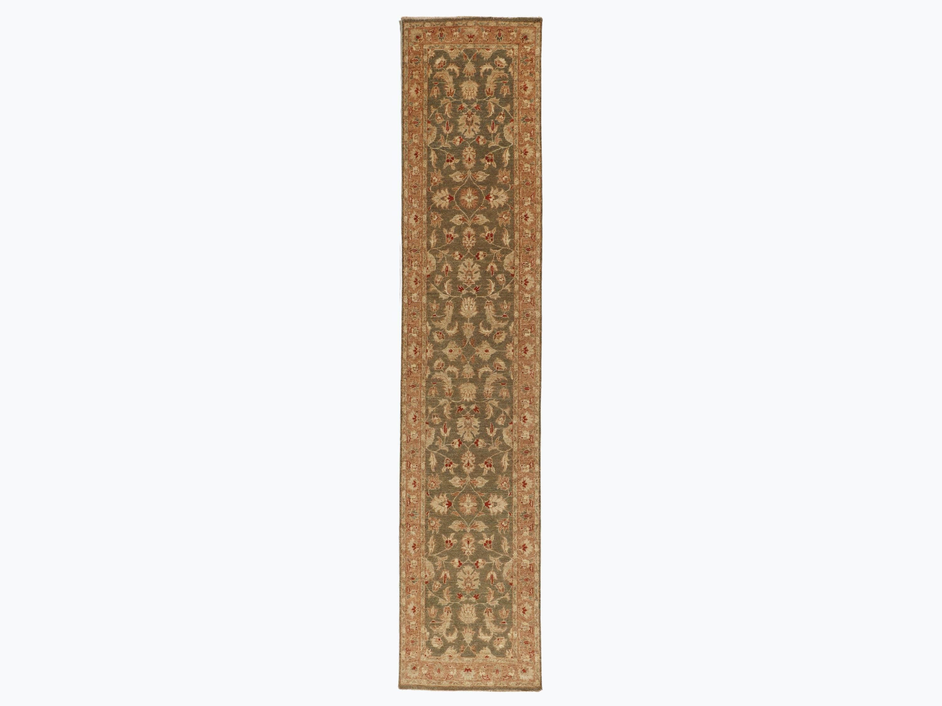 2.6x10.6 Olive Green Ziegler Runner Rug, Persian Style Floral Wool Carpet, Hand Knotted Corridor Living Room Decor