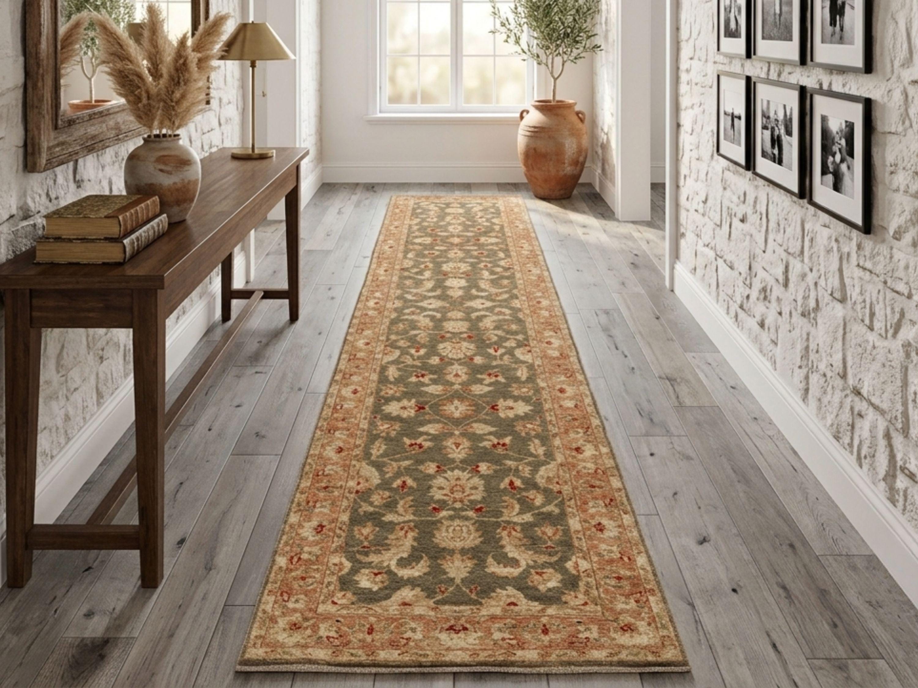 2.6x10.6 Olive Green Ziegler Runner Rug, Persian Style Floral Wool Carpet, Hand Knotted Corridor Living Room Decor