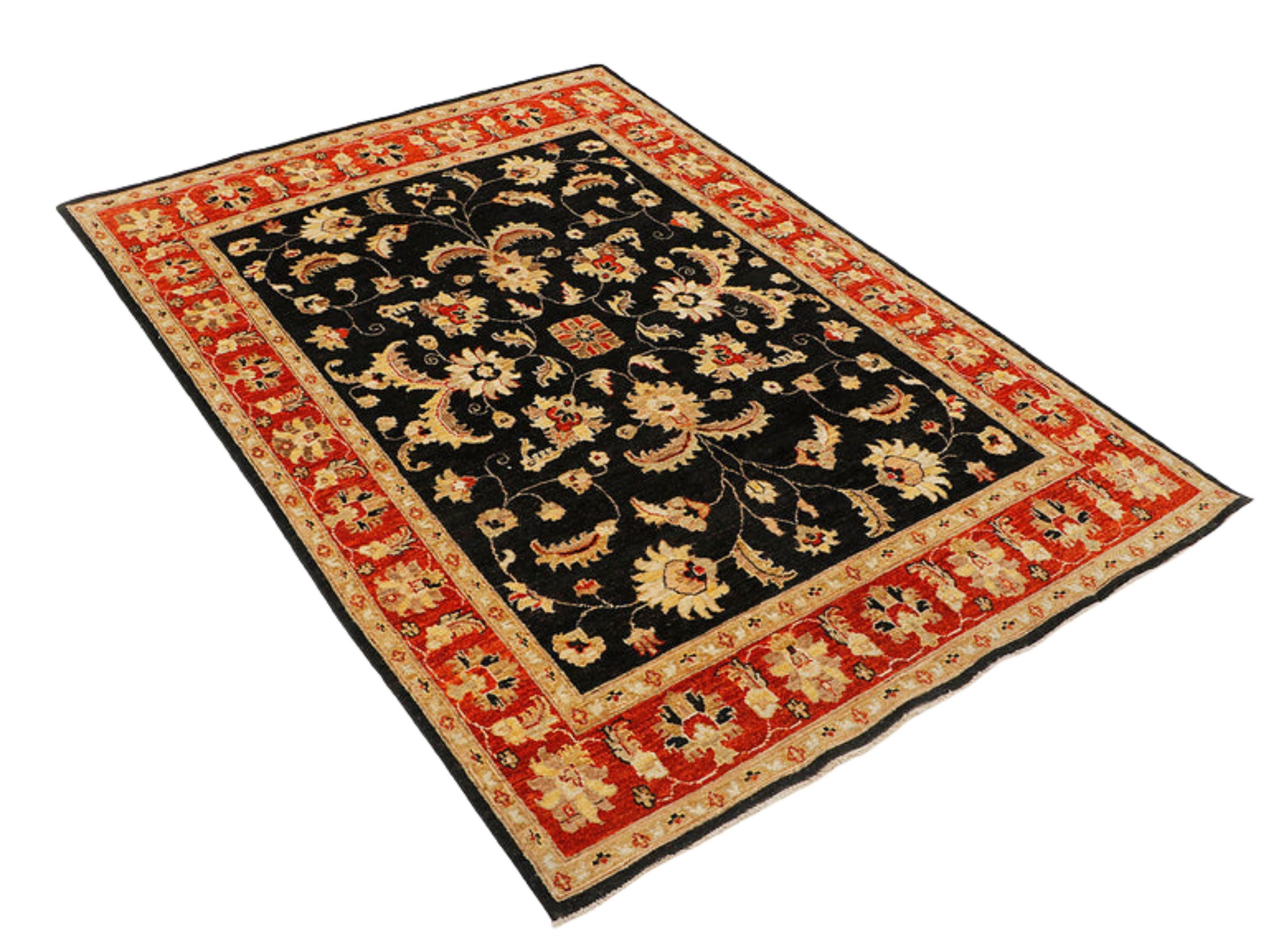 5x7 Ziegler Area Rug, Black Persian Style Medallion Wool Carpet, Hand Knotted Red Border Living Room Decor