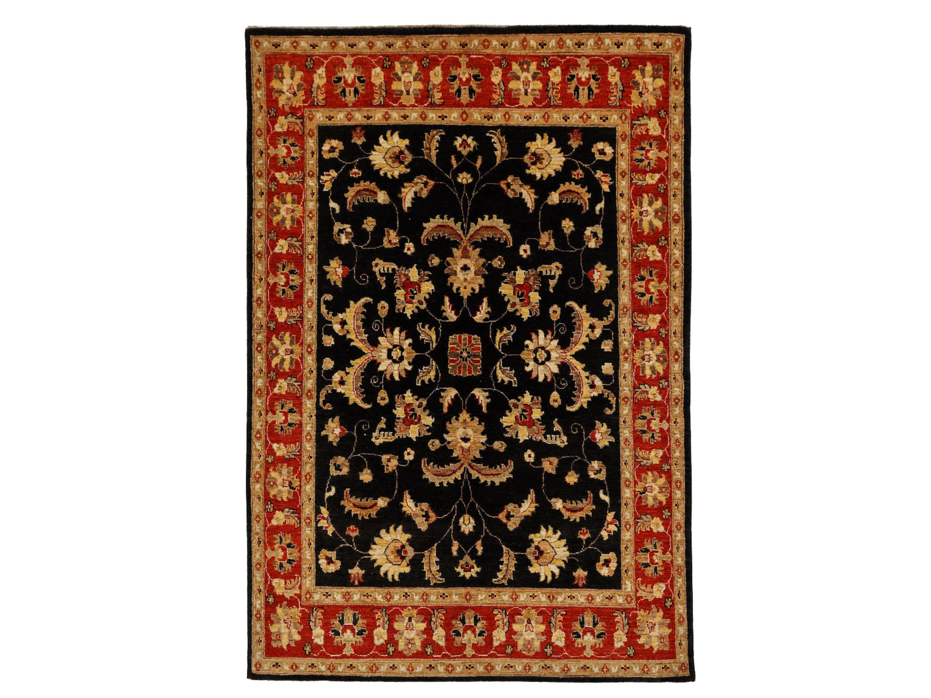 5x7 Ziegler Area Rug, Black Persian Style Medallion Wool Carpet, Hand Knotted Red Border Living Room Decor