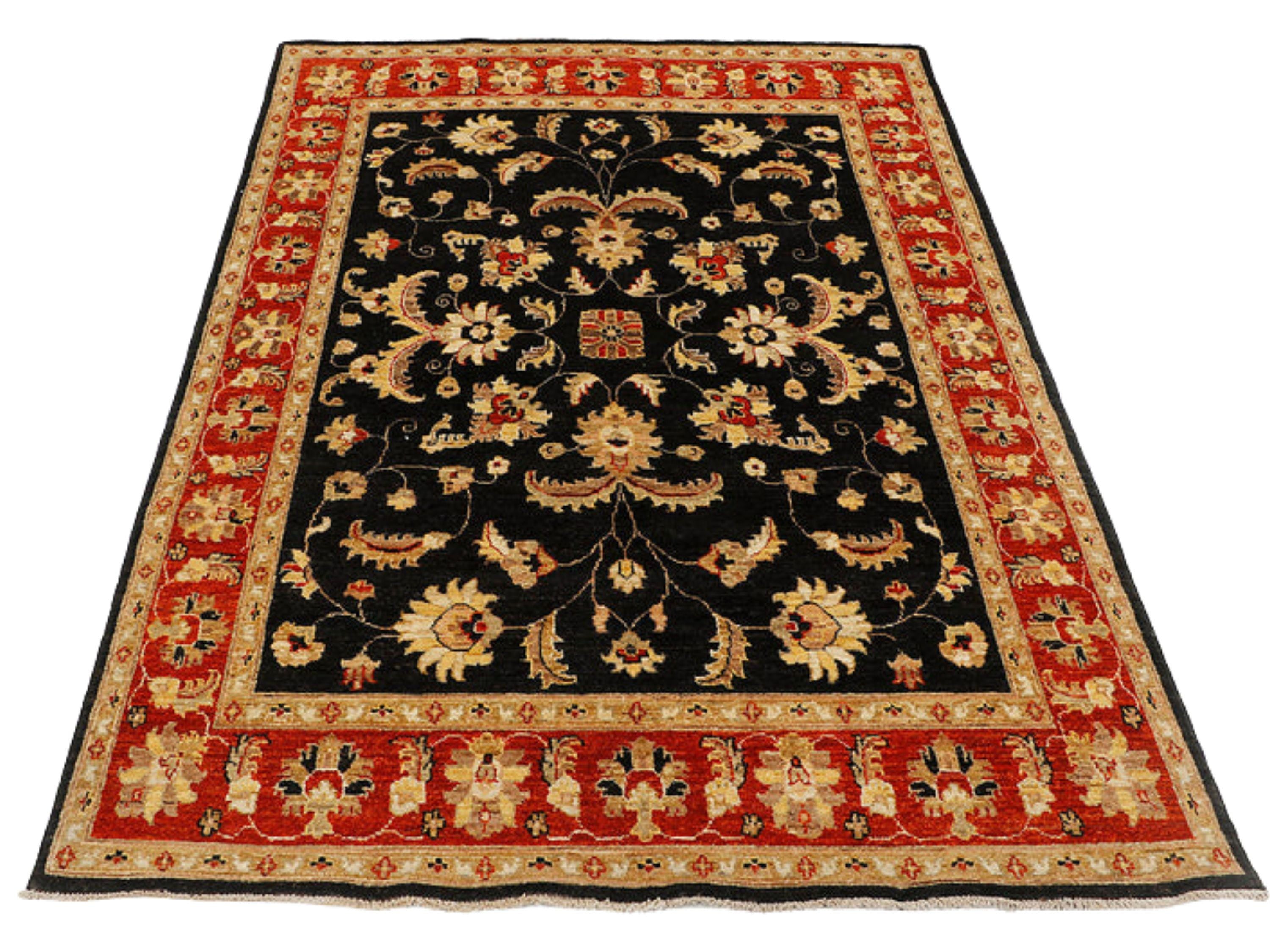5x7 Ziegler Area Rug, Black Persian Style Medallion Wool Carpet, Hand Knotted Red Border Living Room Decor