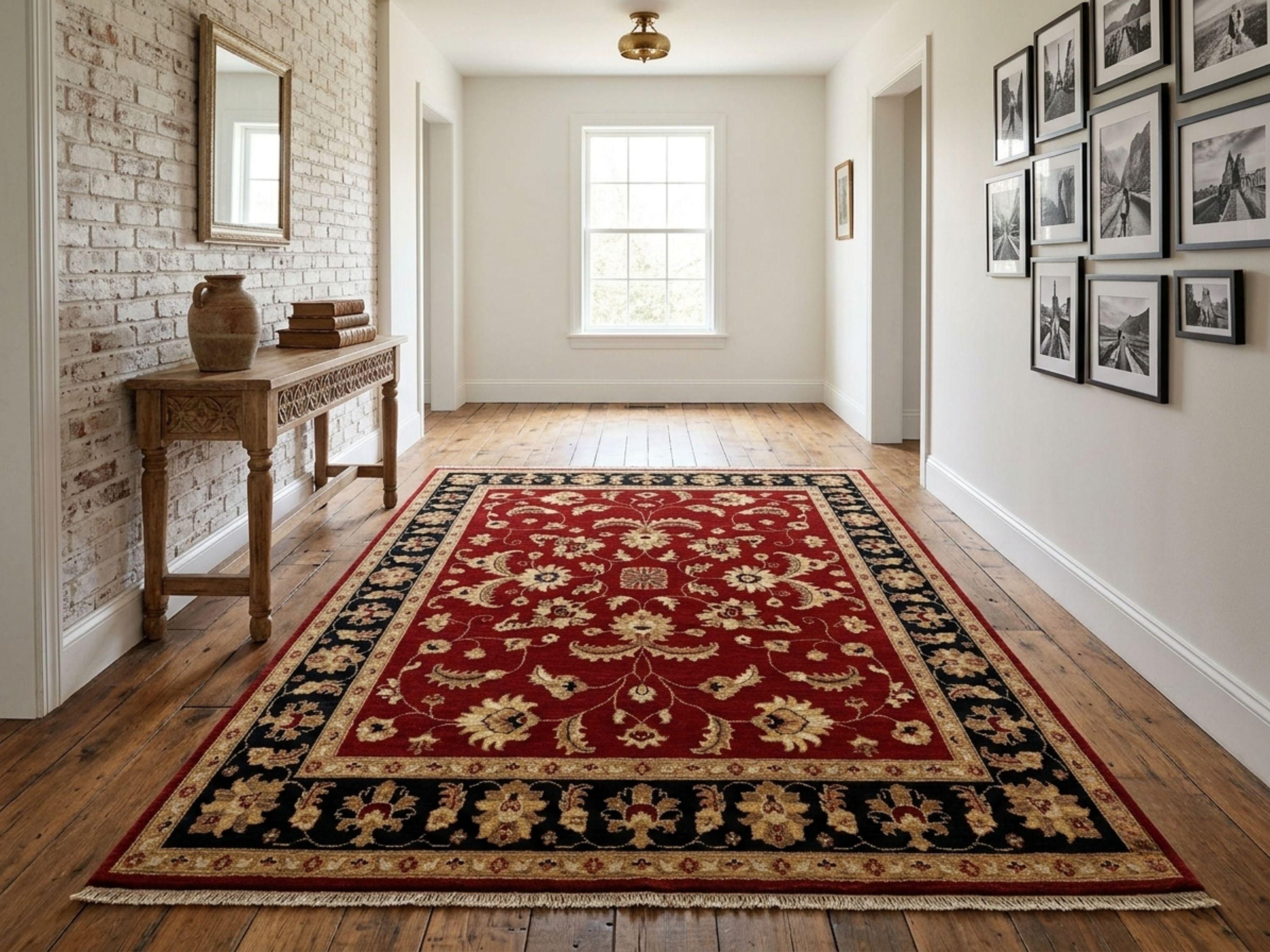 5x7 Ziegler Area Rug, Black Persian Style Medallion Wool Carpet, Hand Knotted Red Border Living Room Decor