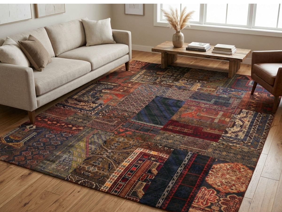 9x12 Afghan Patchwork Rug, Multicolor Mosaic Wool Carpet, Handmade Boho Tribal Living Room Decor
