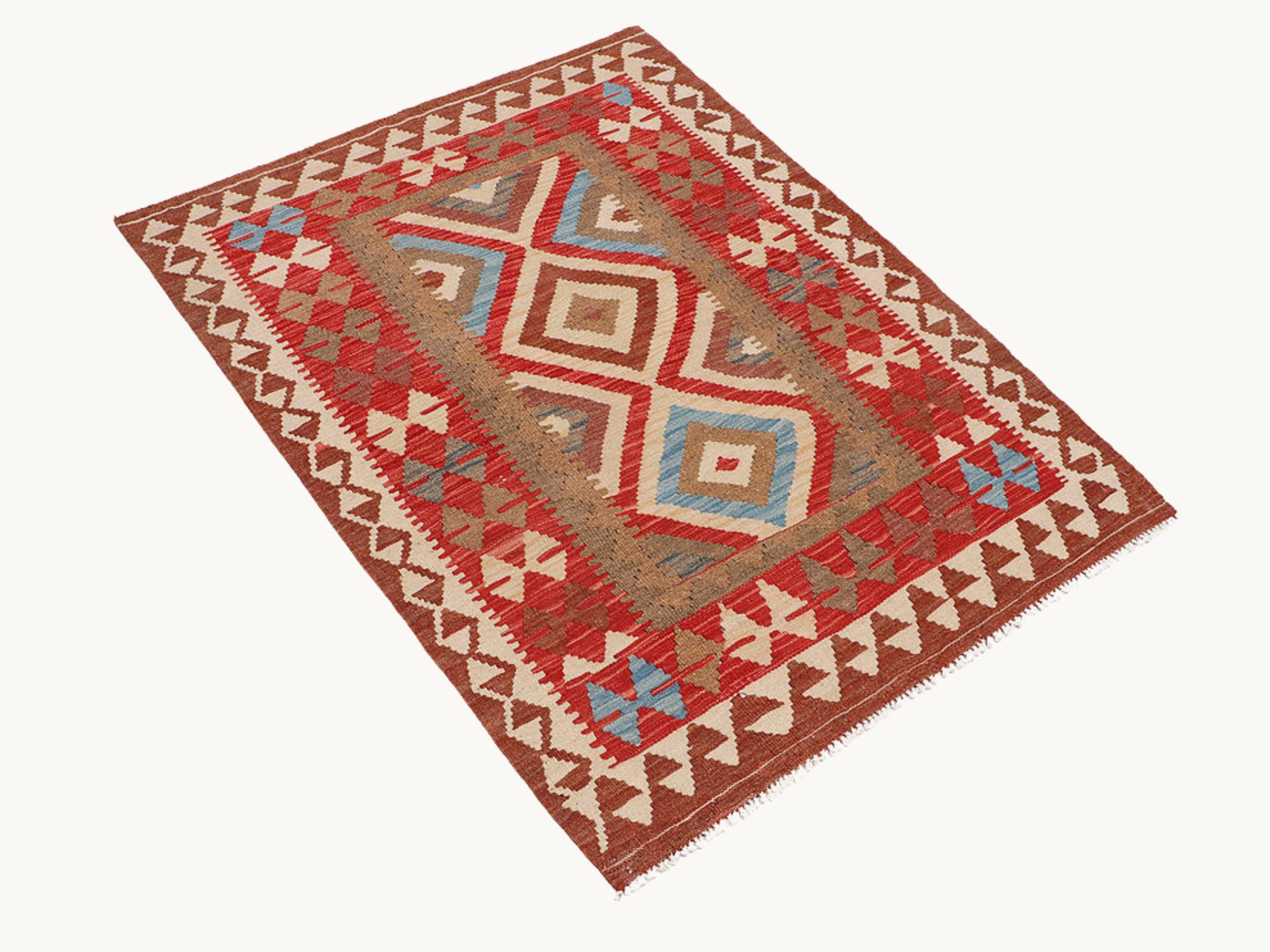 3x5 Afghan Kilim Rug, Multicolor Diamond Medallion Wool Flatweave, Handmade Tribal Bedroom Accent Decor