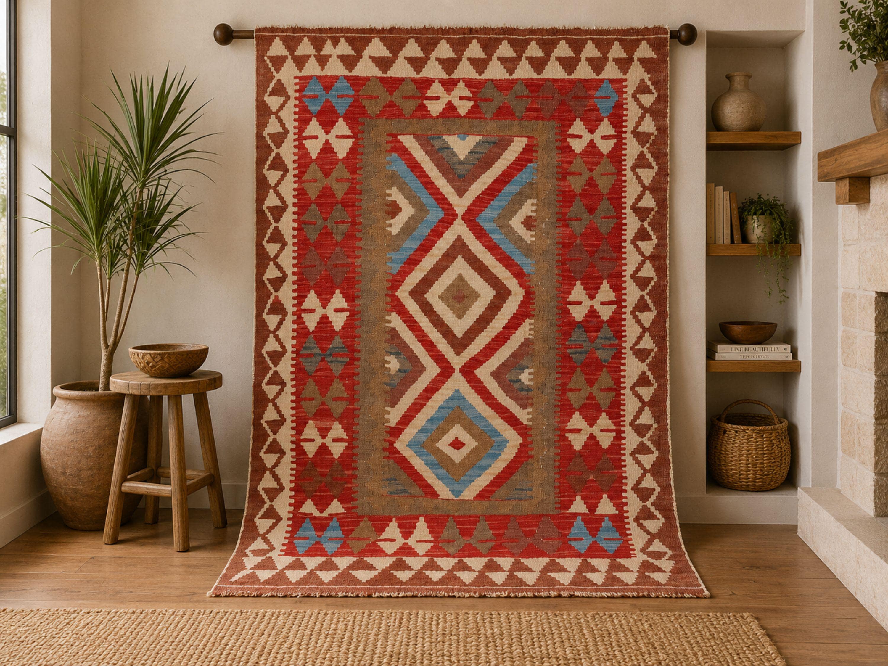 3x5 Afghan Kilim Rug, Multicolor Diamond Medallion Wool Flatweave, Handmade Tribal Bedroom Accent Decor