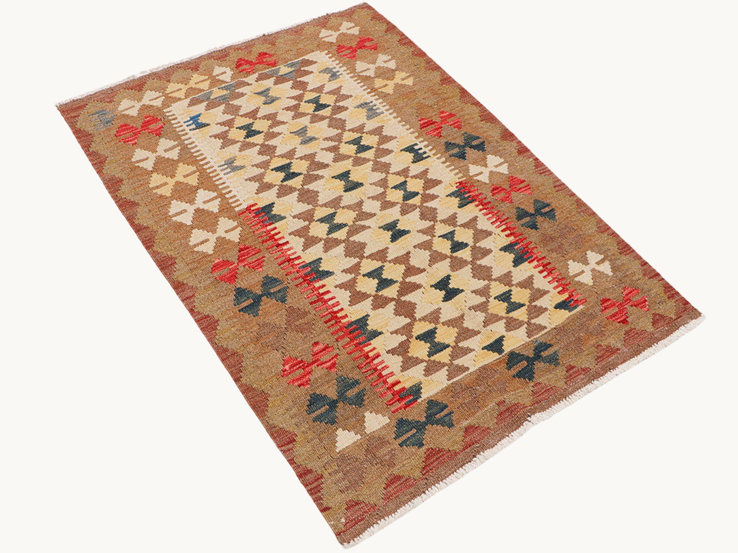 3x5 Southwestern Kilim Rug, Brown Gold Afghan Wool Flatweave Area Rug, Handwoven Veggie Dye Tribal Red Navy Bedroom Decor