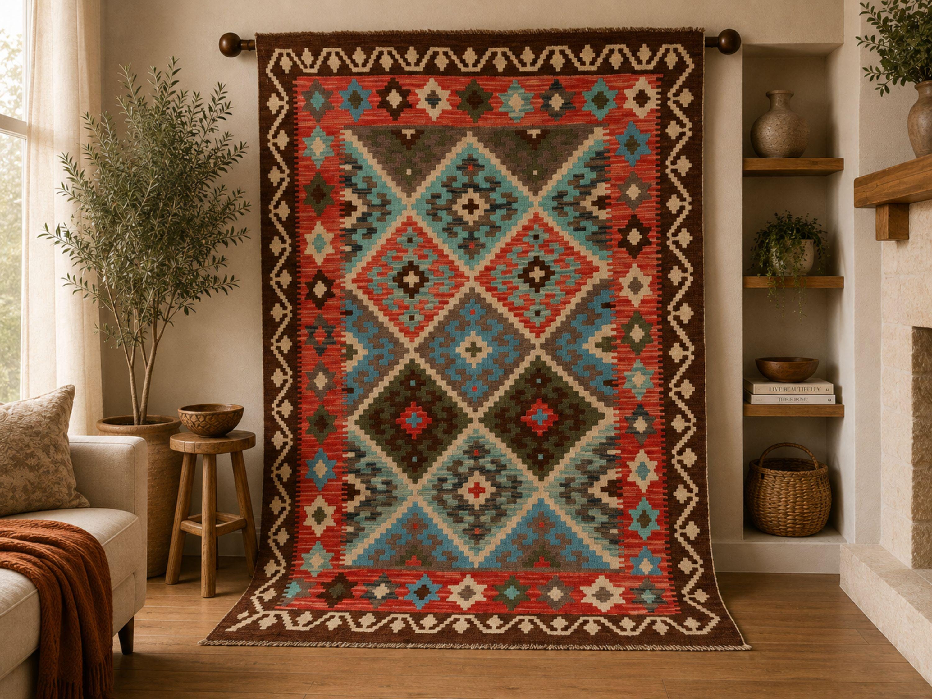 3x5 Coral Red Kilim Rug, Sky Blue Brown Afghan Wool Flatweave Area Rug, Handwoven Veggie Dye Tribal Diamond Bedroom Decor