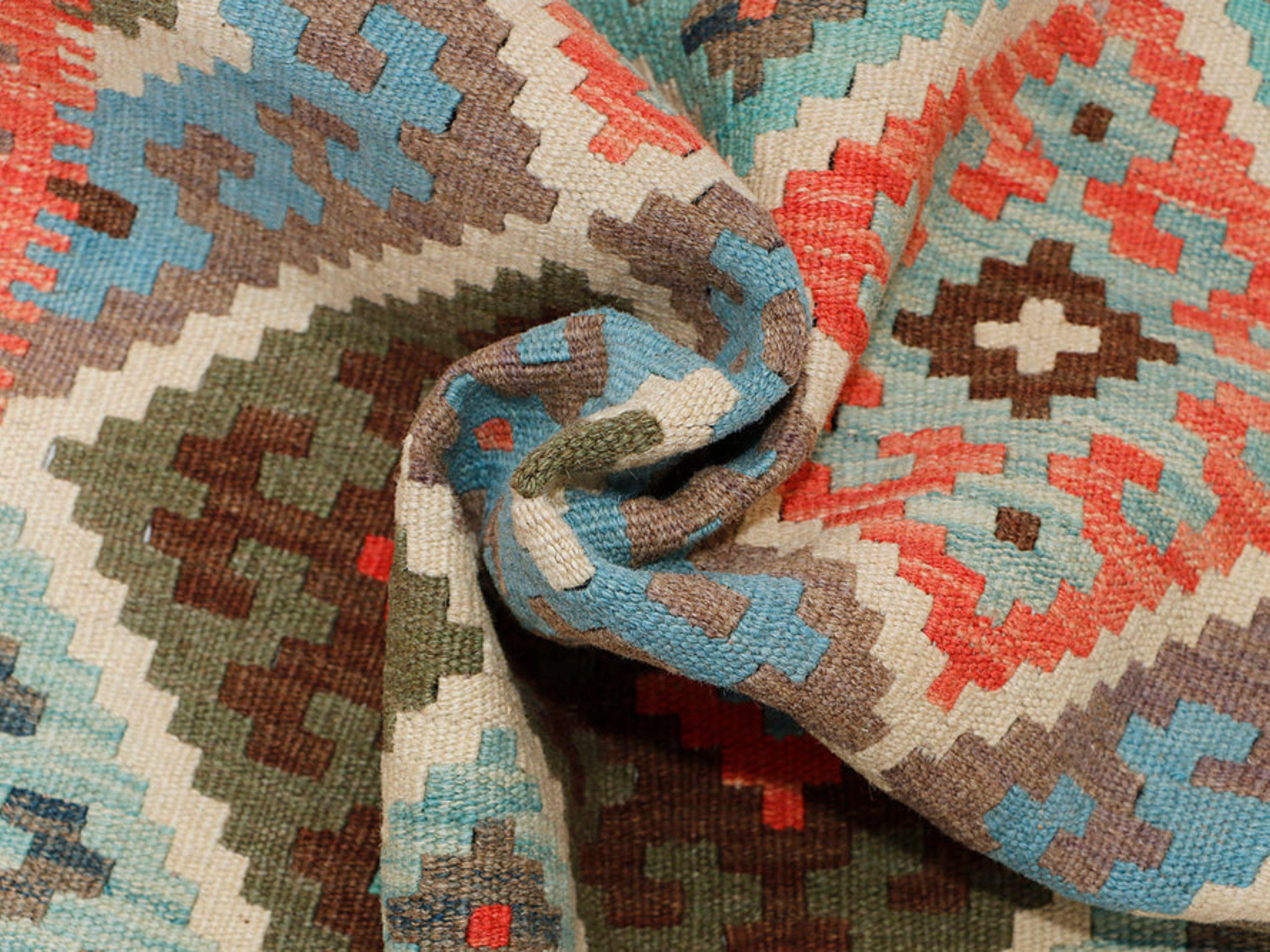 3x5 Coral Red Kilim Rug, Sky Blue Brown Afghan Wool Flatweave Area Rug, Handwoven Veggie Dye Tribal Diamond Bedroom Decor