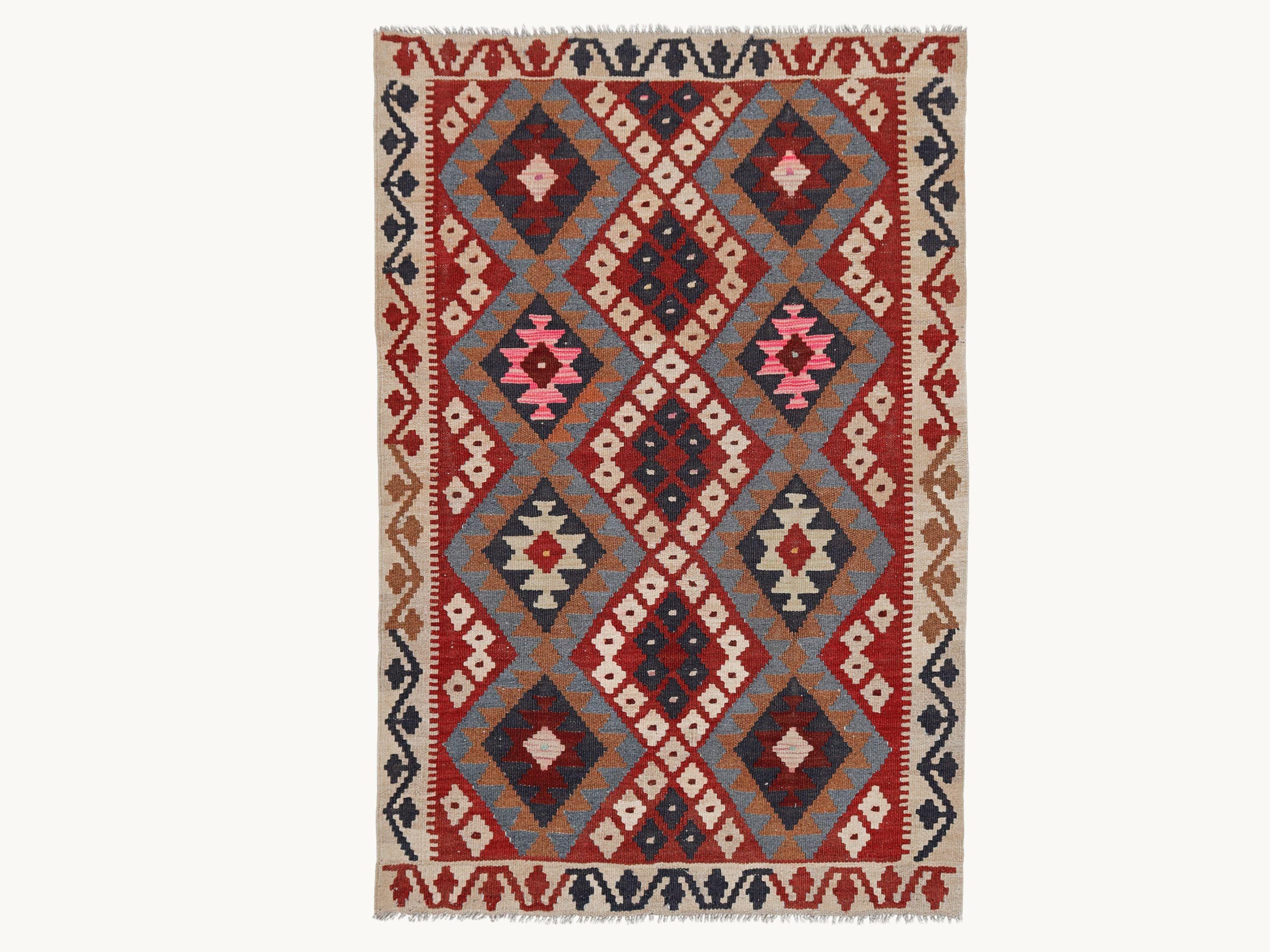 3x5 Pink Red Kilim Rug, Slate Blue Rust Afghan Wool Flatweave Area Rug, Handwoven Veggie Dye Tribal Diamond Bedroom Decor