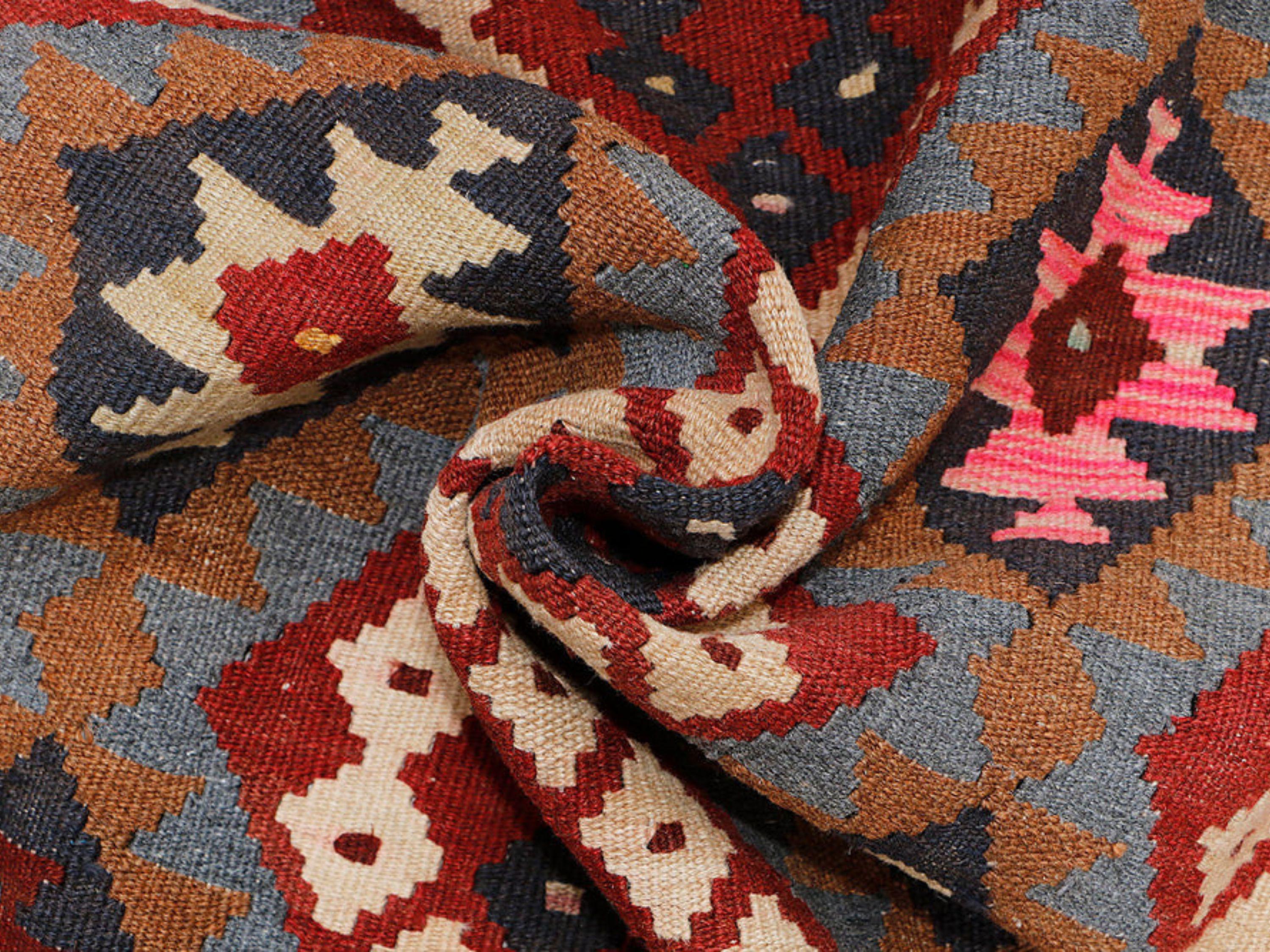 3x5 Pink Red Kilim Rug, Slate Blue Rust Afghan Wool Flatweave Area Rug, Handwoven Veggie Dye Tribal Diamond Bedroom Decor