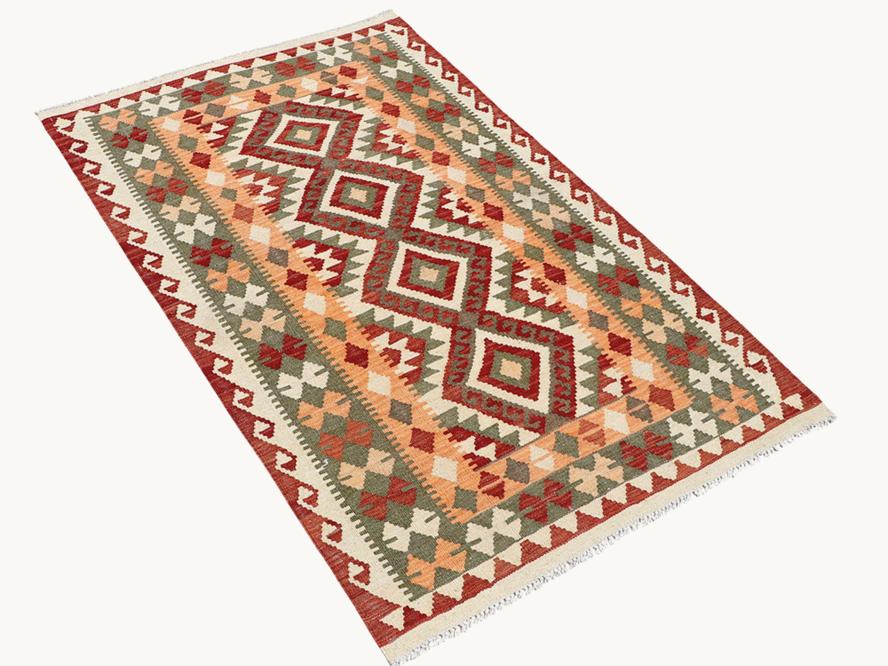 3x5 Terracotta Kilim Rug, Orange Rust Afghan Wool Flatweave Area Rug, Handwoven Veggie Dye Southwestern Diamond Bedroom Decor